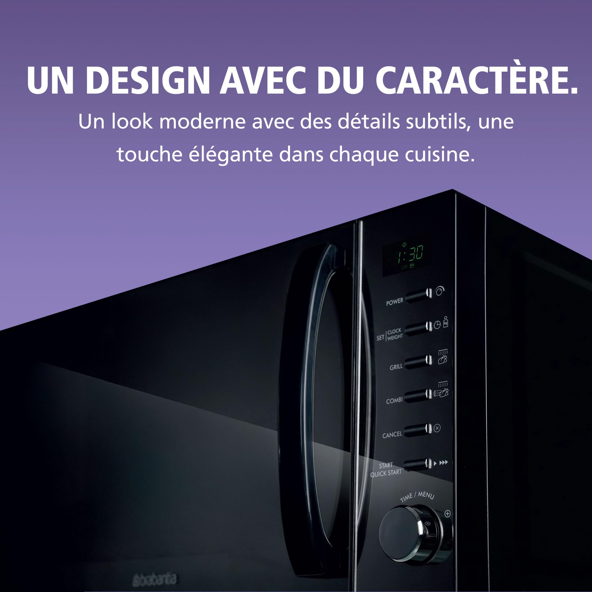 Micro-ondes Brabantia avec Fonction Gril, 20 Litres, Pose Libre, 13 Programmes Automatiques, 6 Niveaux de Puissance, Minuterie Numérique, Grande Capacité, 700W, Noir, BBEK1145DG