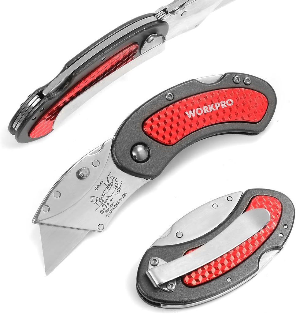 WORKPRO Folding Utility Knife Set Quick Change Blade, Back-lock Mechanism 3-piece with 10-piece Extra Blades and Blue Folding Utility Knife