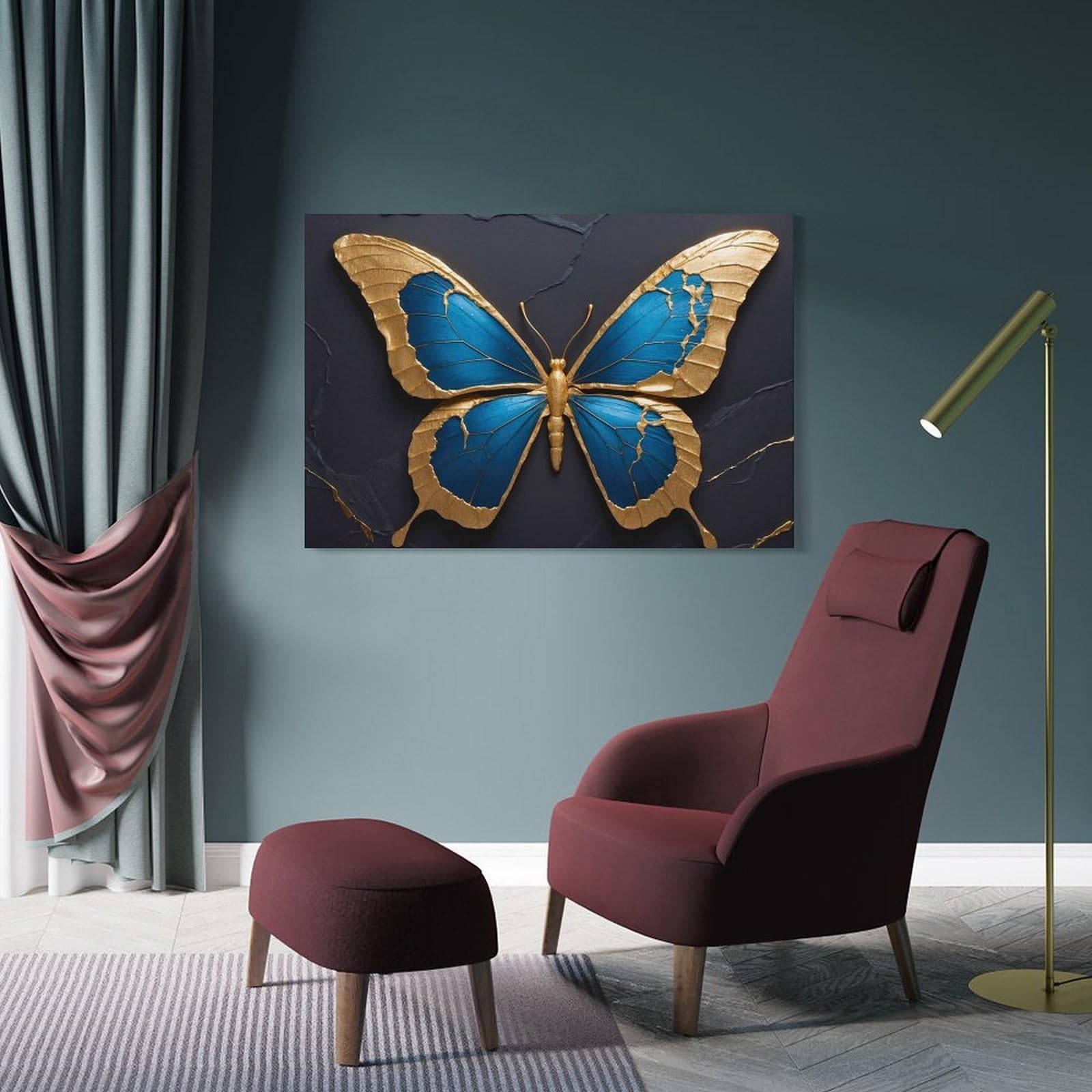 Junmoney Blue And Gold Butterfly on Dark Background Decorative Wall Artwork 20x30inch(50x75cm), for Front Hall, Corridor Or Welcome Spaces, Decorative Wall Art for Narrow Spaces