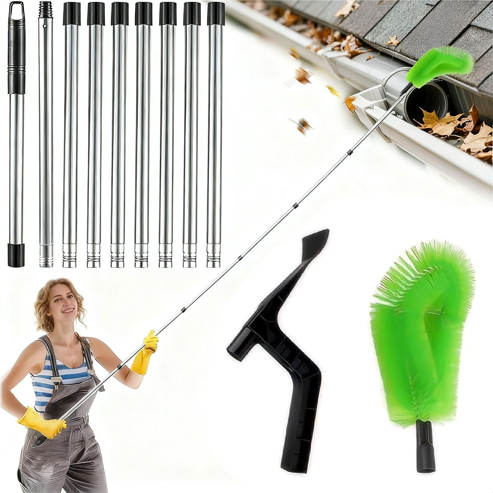2 en 1 Nettoyeur Gouttiere,390cm Brosse de Gouttière avec Manche Télescopique et Brosse/Pelle,Nettoyeur de gouttières,Facile à Démonter, pour Nettoyer les Feuilles,les,Fenêtres,Lustres
