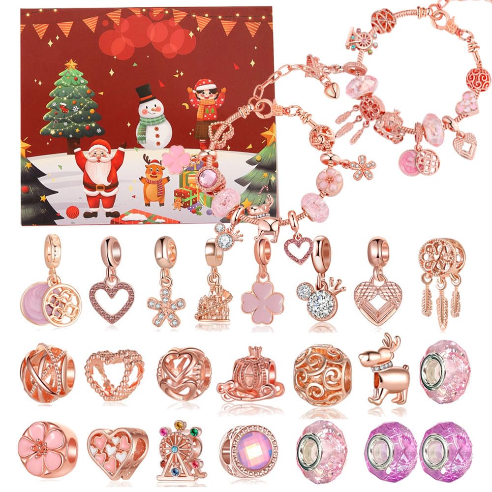 2025 Christmas Advent Calendar for Girls - 24 Days Mystery Blind Box, Include 22 Charms & 2 Bracelets, DIY Bracelet Making Kit, Christmas Countdown Gift for Kids