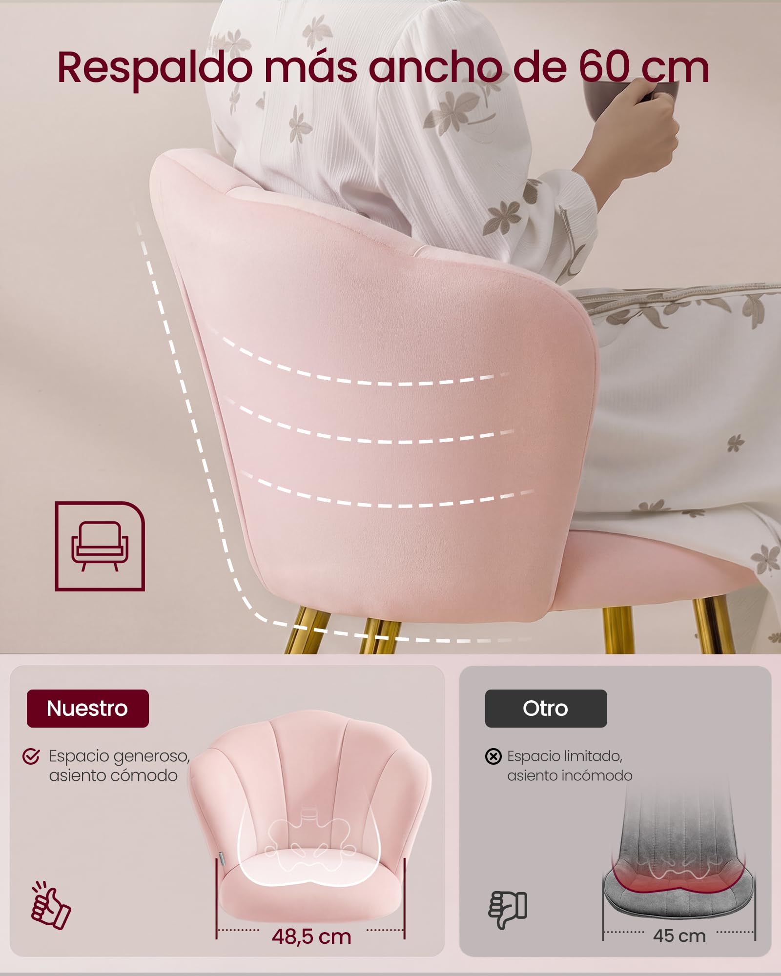 VASAGLE Silla de Comedor, Respaldo en Forma de Pétalos, Silla de Tocador Acolchada, Terciopelo, Carga 150 kg, Patas de Acero, Cocina, Salón, Dormitorio, Rosa KDC099S101