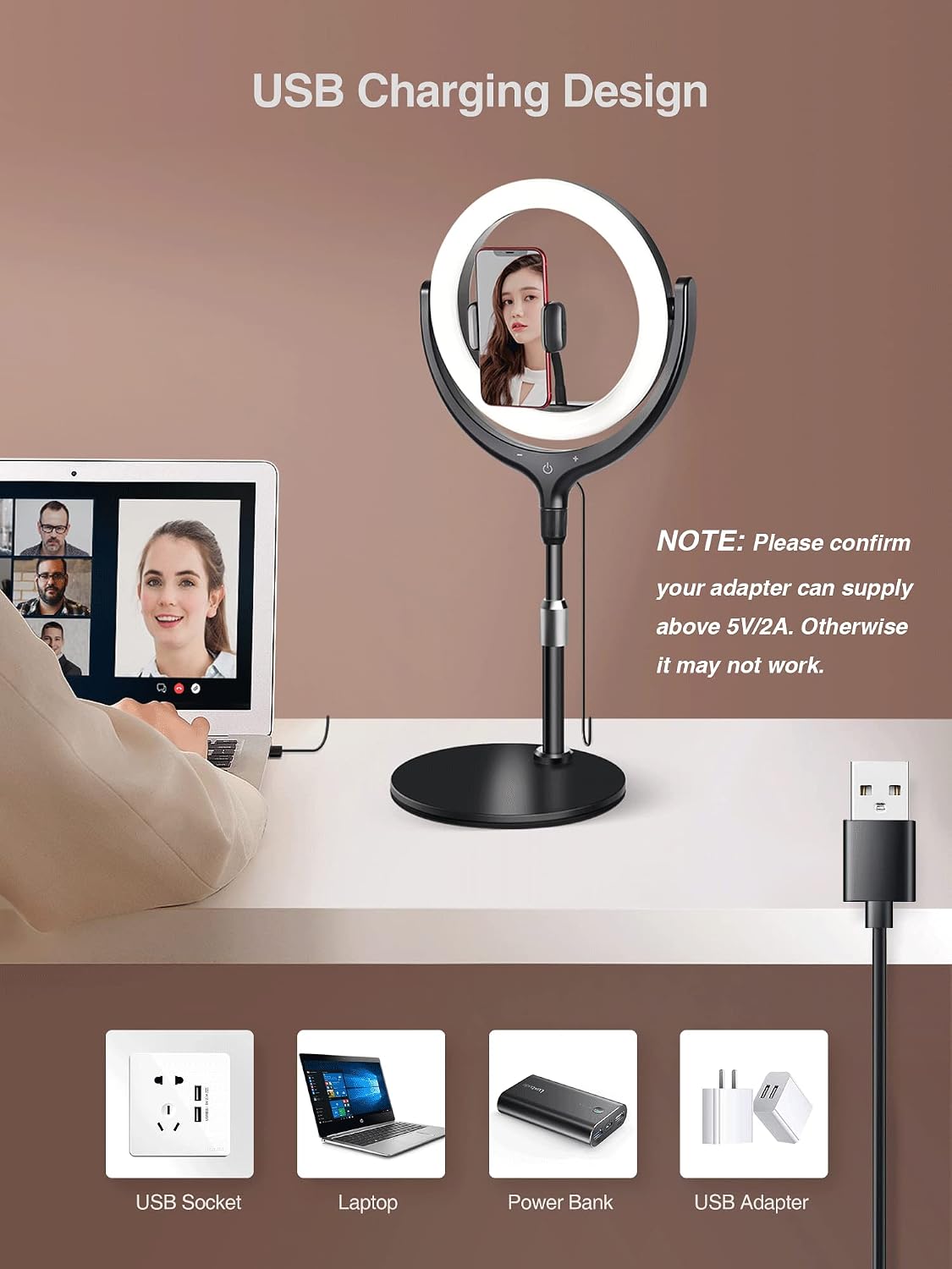 Video Conference Lighting for Computer, Elitehood 10'' Desktop Ring Light with Stand and Phone Holder, Desk Ringlights for Zoom Meeting, Video Recording/Make Up/Live Streaming//Online Video Call