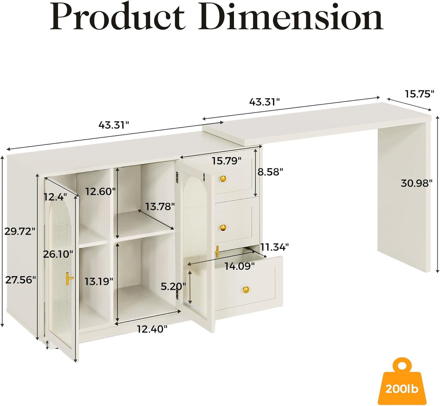 HEYNEMO Makeup Vanity Desk, Extendable Corner Vanity Makeup Table with 3 Drawers & 2 Door, Modern Dressing Table for Bedroom, Vanities for Women/Girls Bedroom (without Mirror)