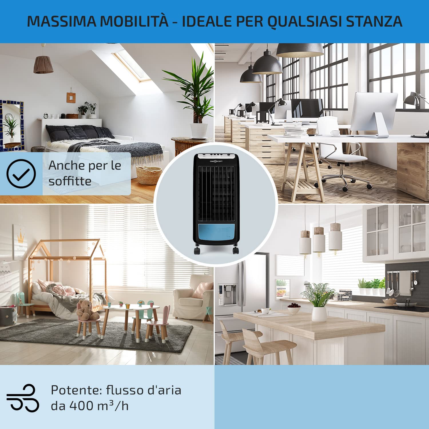 Oneconcept - Caribbean Blue, refrigeratore d’aria portatile, ventilatore, umidificatore, 3 velocità, portata d'aria 400 m³/h, 70 W, serbatoio 4 l, 2 vaschette ghiaccio, oscillazione, 4 rotelle (ebano)