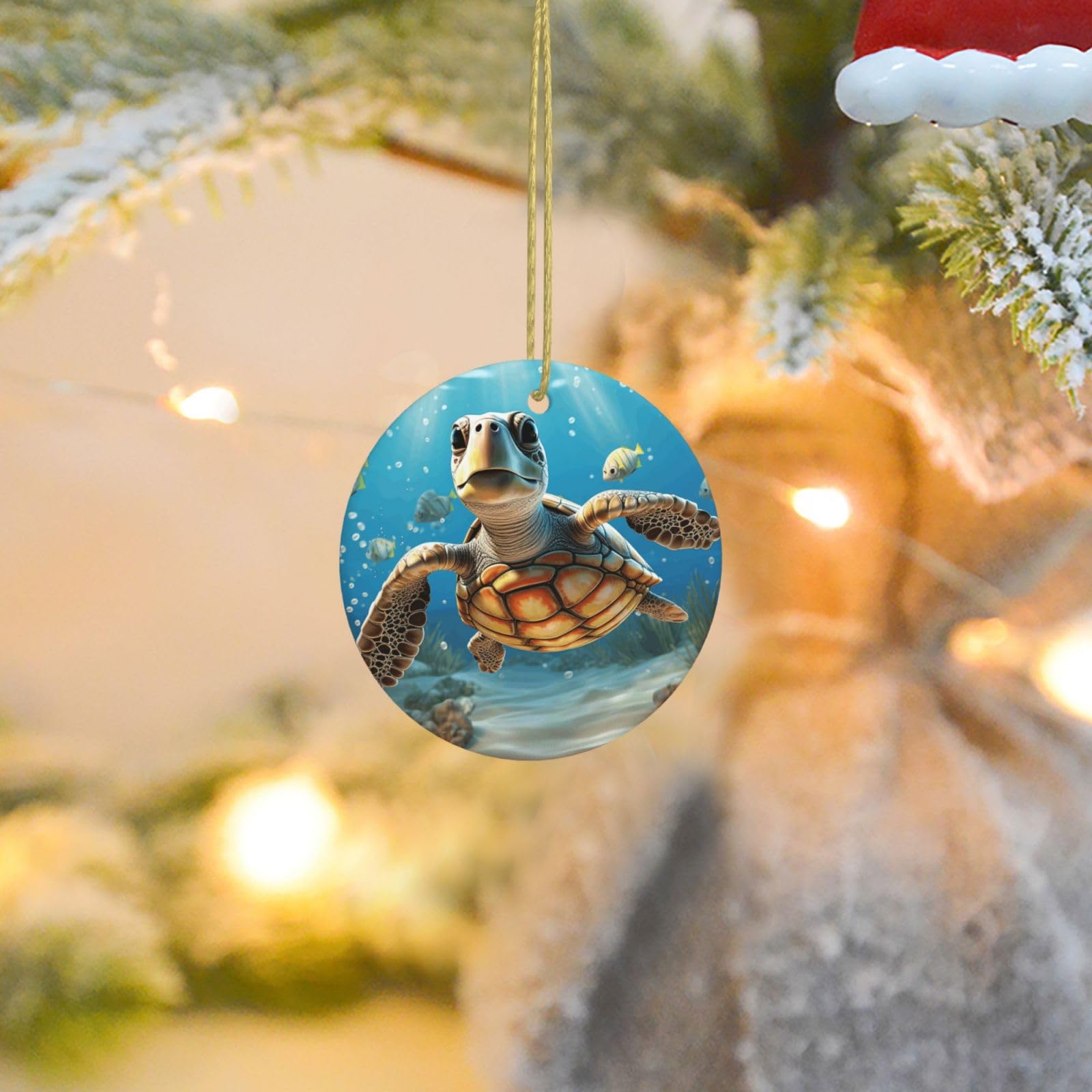 Christmas Ornaments for Christmas Tree Decoration Ceramic Hanging Cartoon Sea Turtle Ornament with Gold Ribbon Crafts Round Pendant for Keepsake Gifts Glass Xmas Decor Party Supplies