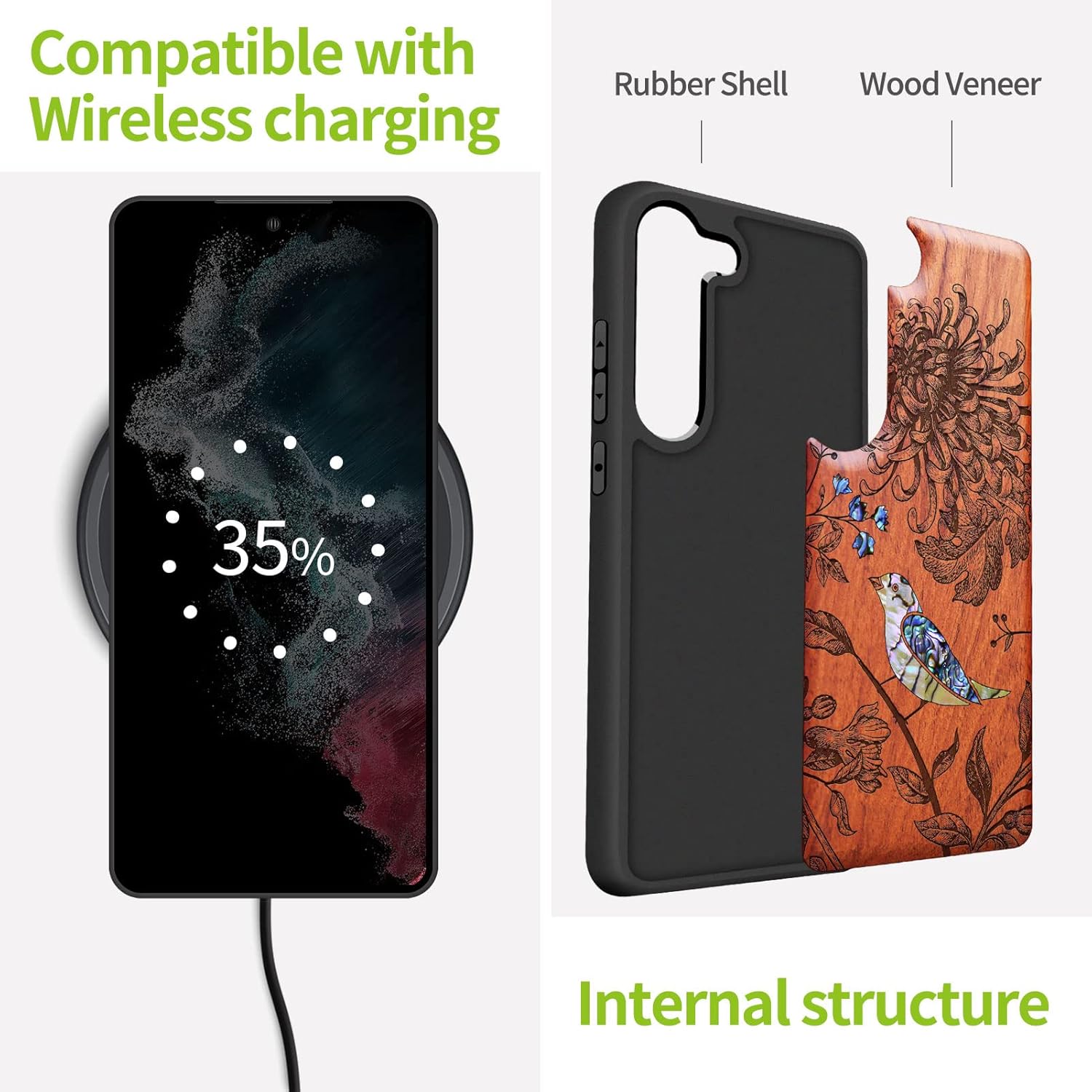 Carveit Designer Wooden Case for Samsung Galaxy S23 Cover [Wood Engraving & Shell Inlay] Compatible with Wireless Chargers Galaxy S23 Case (Flowers and Bird-Rosy)
