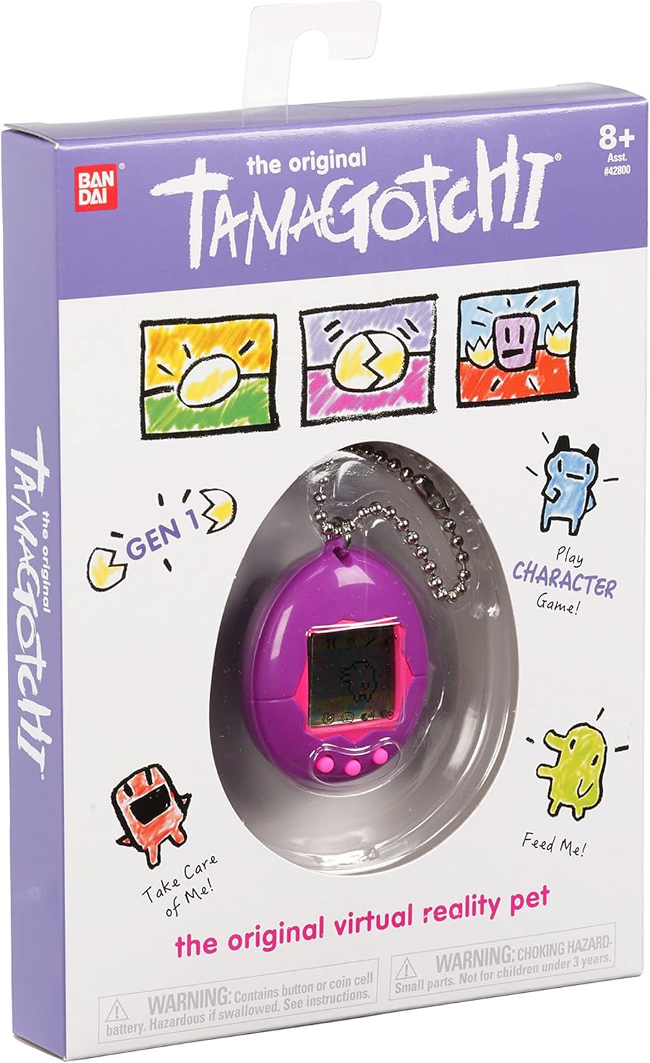 Close-up of Tamagotchi Original Purple device showing the screen and three control buttons