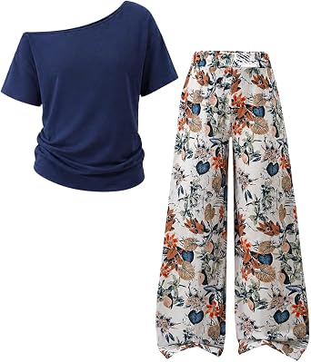 Girls Floral 2 Piece Outfits Off the Shoulder Top + Wide Leg Pants Casual Girl Clothes for 7-14 Years