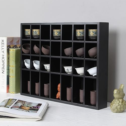 Miniatura 3 de ARRAWIS Vitrina de cristal de chupito negro de 18 x 13 pulgadas colección de armario de madera maciza montada en la pared 28 ranuras estante pequeño