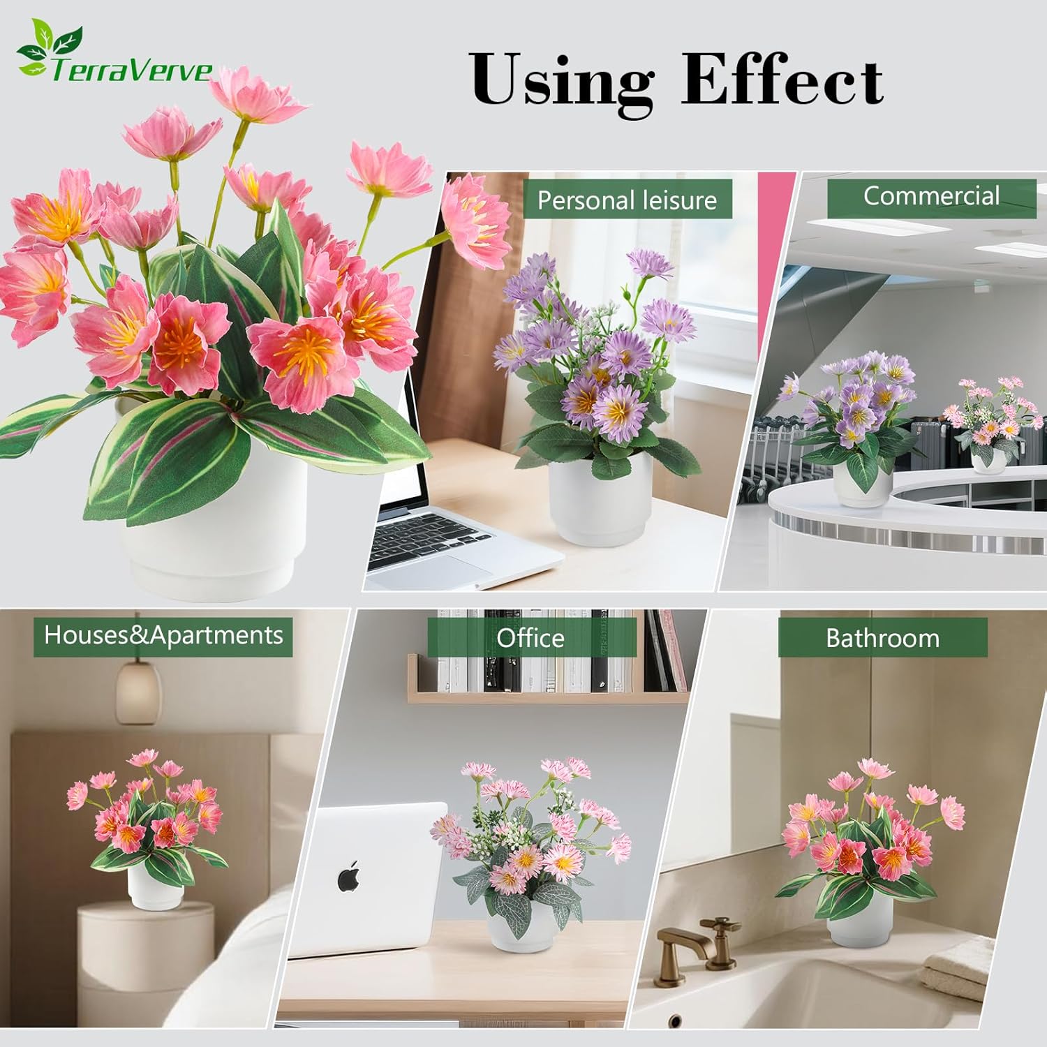 2-Piece Artificial Mums Set & Silk Flowers| Fake Flowers Indoor Planters for Living Room, Bedroom, Bathroom & Office Decor | Boho Style Artificial Plants & Flowers Decor - Image 5