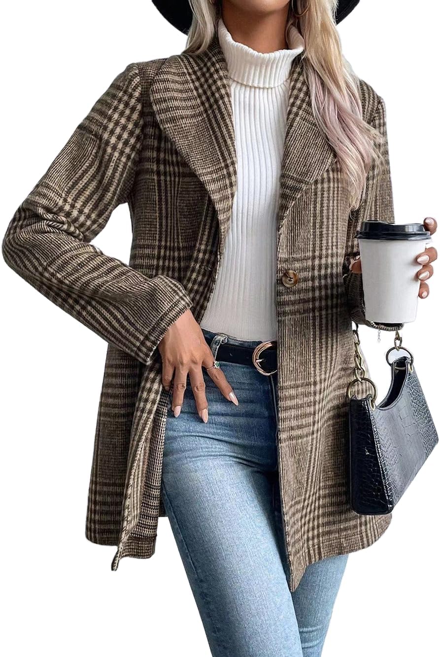 IDEALSANXUN Long Wool Plaid Blazer for Women Fall Outfits Winter Trench Coat Long Sleeve Casual Dressy Lapel Jacket Peacoat