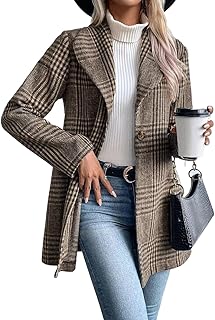 Long Wool Plaid Blazer for Women Fall Outfits Winter Trench Coat Long Sleeve Casual Dressy Lapel Jacket Peacoat