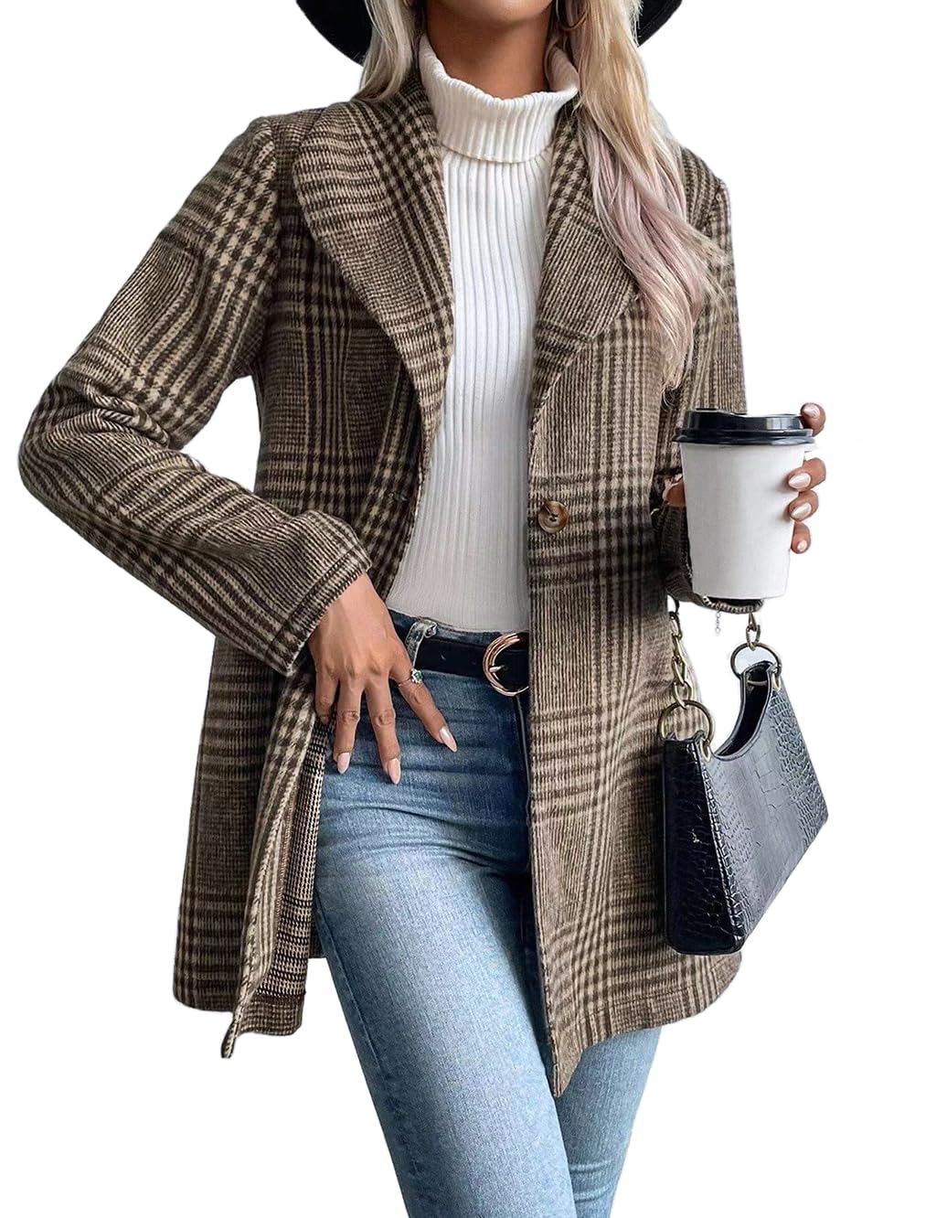 IDEALSANXUN Long Wool Plaid Blazer for Women Fall Outfits Winter Trench Coat Long Sleeve Casual Dressy Lapel Jacket Peacoat