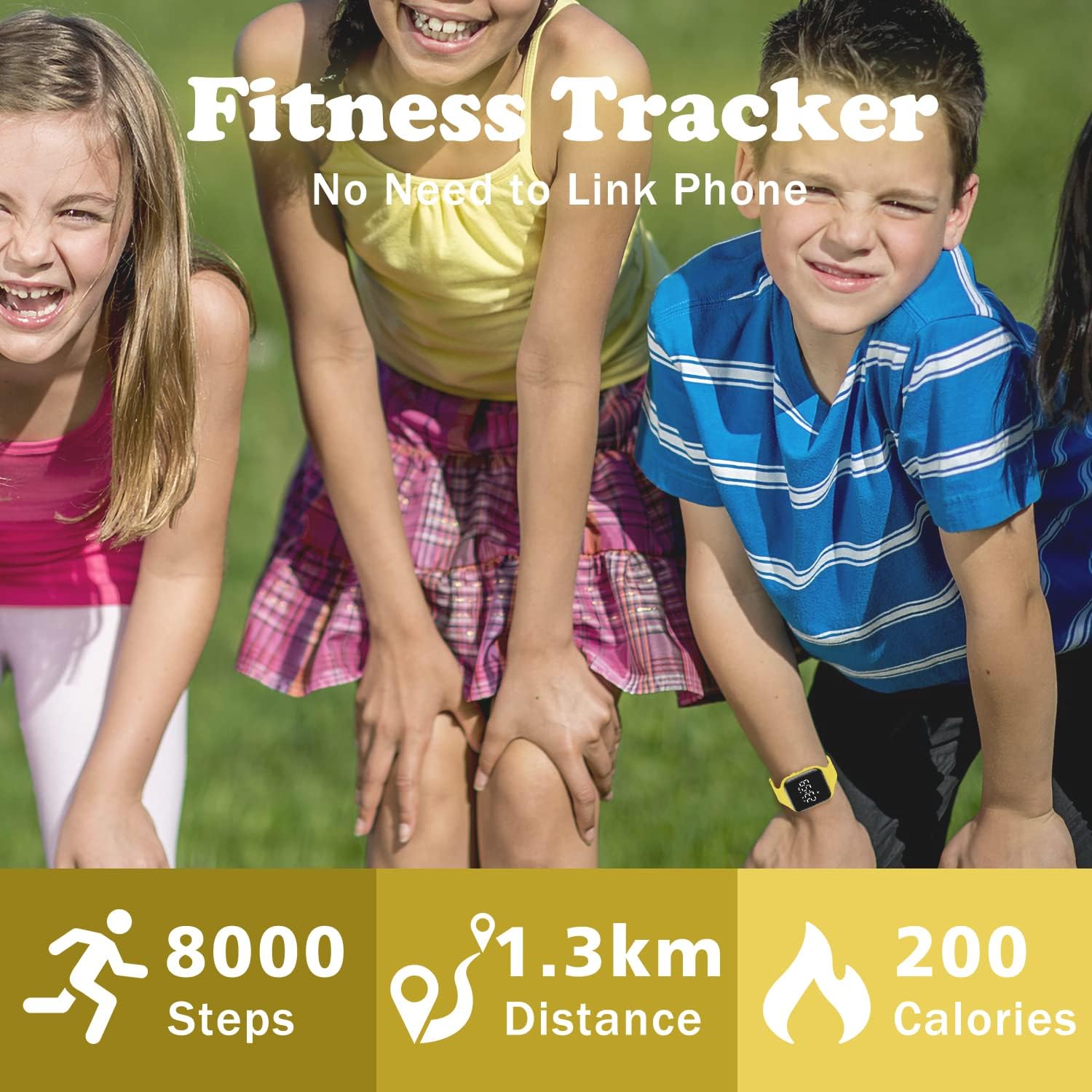 Children playing outdoors with text overlay showing fitness tracking metrics like steps, distance, and calories