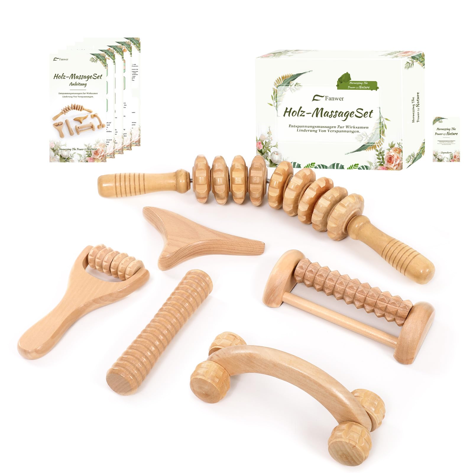 Kit Maderoterapia Corporal 6 Piezas, Maderoterapia Abdomen y Celulitis, Masajeador Madera, Moldear el cuerpo, Bolsa de Transporte y Guía