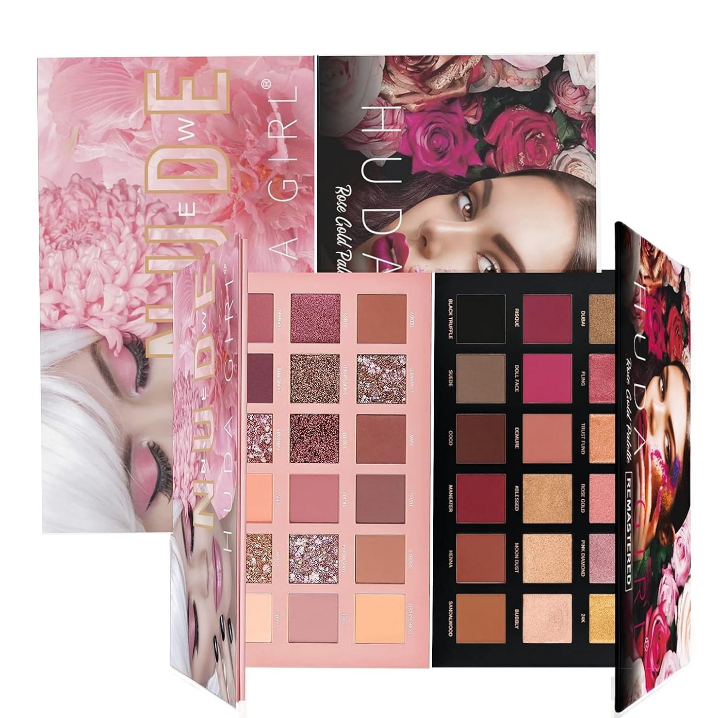 Mr. Huda Rose Gold Remastered + Nude Edition Eyeshadow Palette Combo Kit - 36 Matte and Shimmer Finishes, Includes Black Eyeshadow - Complete Eye Shadow Palette Set-image-4