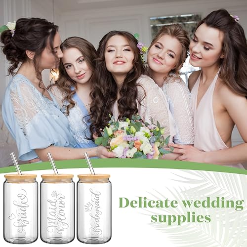 Miniatura 6 de Jinei 8 piezas de regalos de dama de honor para novia, vasos de 17 onzas con tapa de bambú, vasos de dama de honor, vasos con forma de lata, taza de