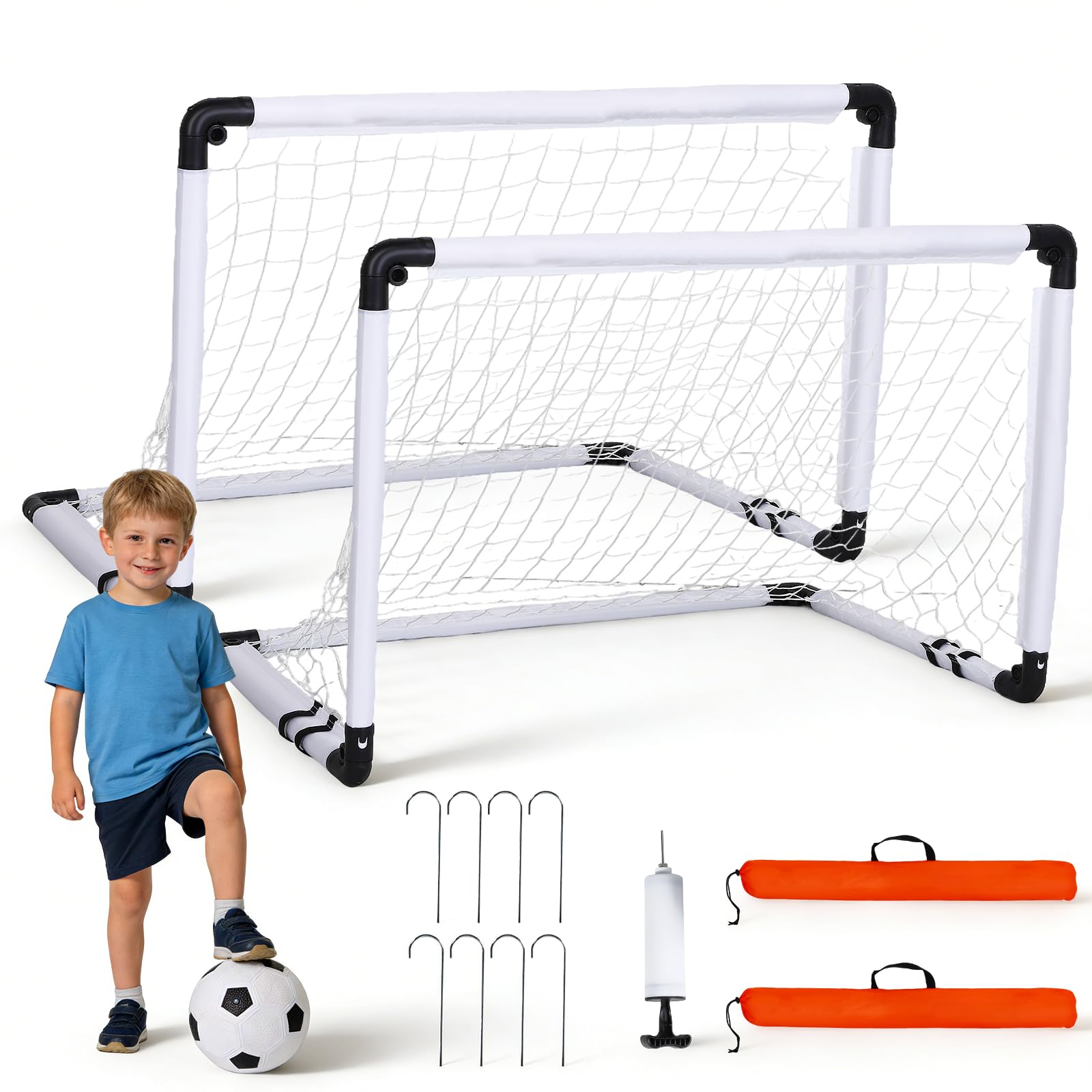 Set di 2 porte da calcio per bambini - Porte da calcio con pratica borsa per il trasporto, giochi all'aperto per bambini con pallone da calcio, pompa ad aria, 8 picchetti di ancoraggio