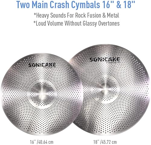 Miniatura 4 de SONICAKE Paquete de platillos de bajo volumen, juego de platillos silenciosos de 14 pulgadas Hi-hats+16 "Crash+18" Crash+20" Ride 5 Pcs Silencio