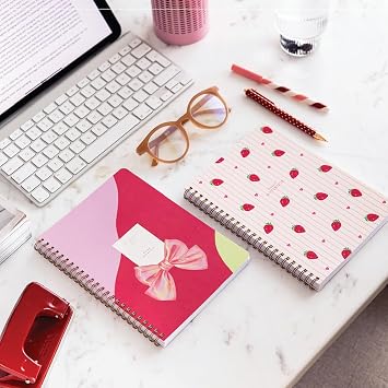 A5 Spiral Cardboard Cover 2’ Set Striped School Notebook 80 sheets, Course Scheduled Strawberry