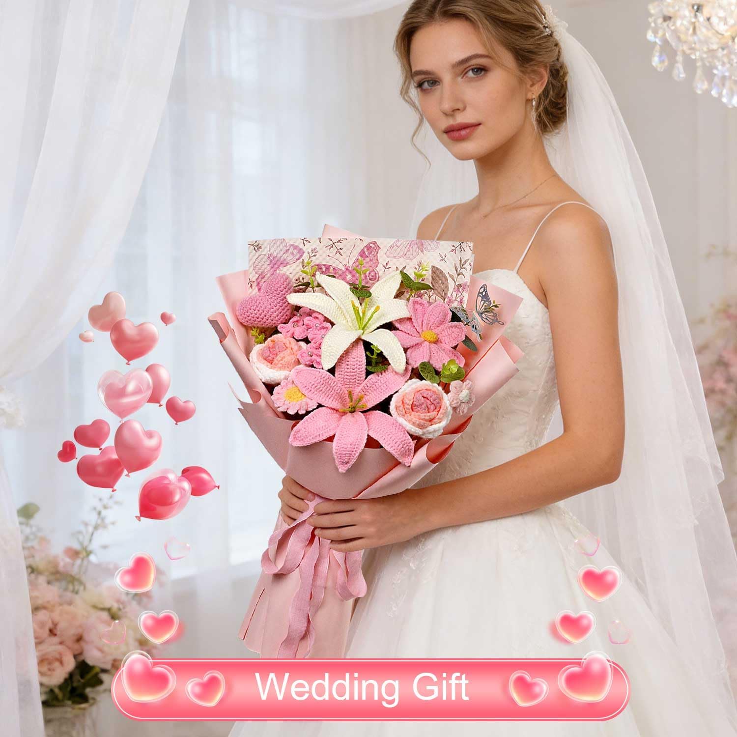 Crochet Lily Flowers Bouquet, Handmade Knitted Lily Galsang Flowers Bouquet for Wedding, Mother's Day, Graduation Gift, Anniversary, Birthday Gift for Woman, Wife, Mom, Girlfriend, Lover