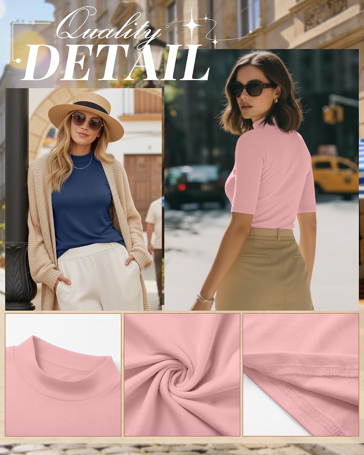 Ficerd 2 Pack Women's Mock Turtleneck T Shirts, Half Sleeve Business Casual Tunic Tops Slim Fit Summer Basic Dressy Tee Shirt