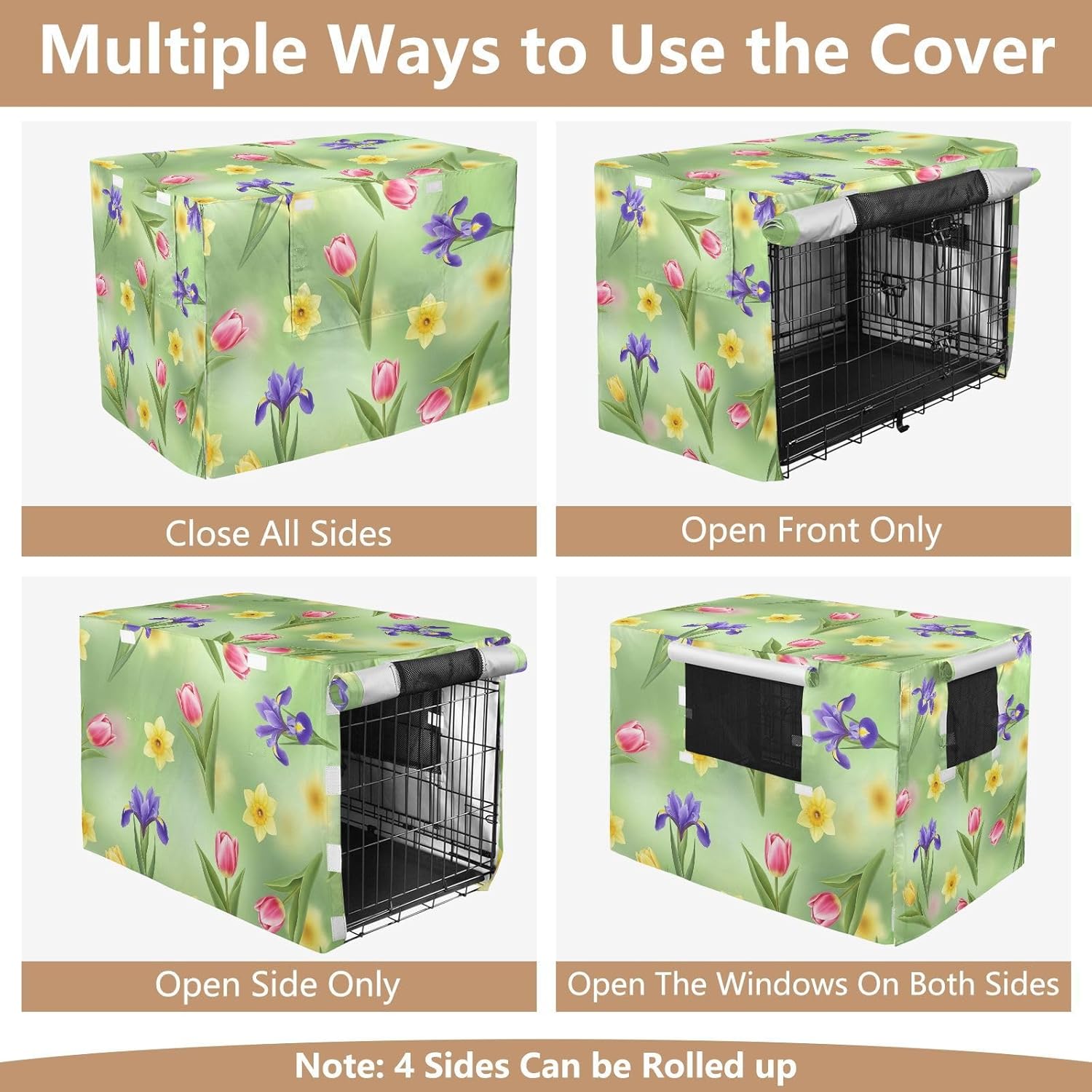 Spring Flowers Green Dog Crate Covers S-XL UV-Resistant Pet Cage Cover with Mesh Windows, Reduces Barking, X-Large