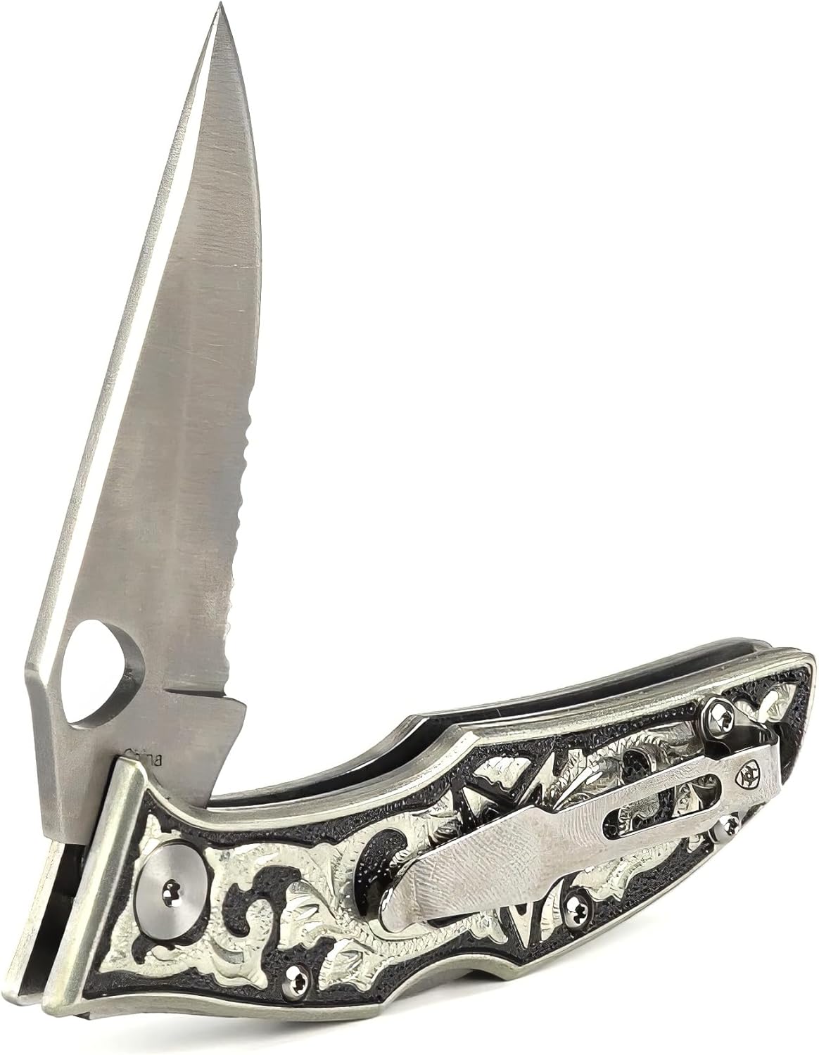 ARIAT Medium German Silver Folding Knife, Black/Silver Handle - Engraved Western Design