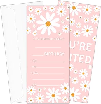 Daisy Flower Ticket Birthday Invitation, Daisy Birthday Party Invitation Cards for Teens Adults, 20 Floral Ticket Invitations with Envelopes for Parties, Party Celebration Supplies-19