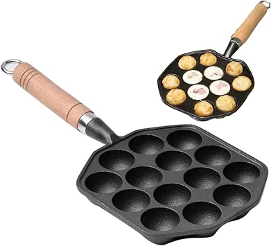 Topyond Cast Iron Aebleskiver Pan, 14 Holes Takoyaki Nonstick Cast Iron Ebelskiver Pan, Mochi Maker Grill Pancake Pan with Detachable Handle