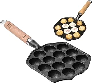 Cast Iron Aebleskiver Pan, 14 Holes Takoyaki Nonstick Cast Iron Ebelskiver Pan, Mochi Maker Grill Pancake Pan with Detachable Handle
