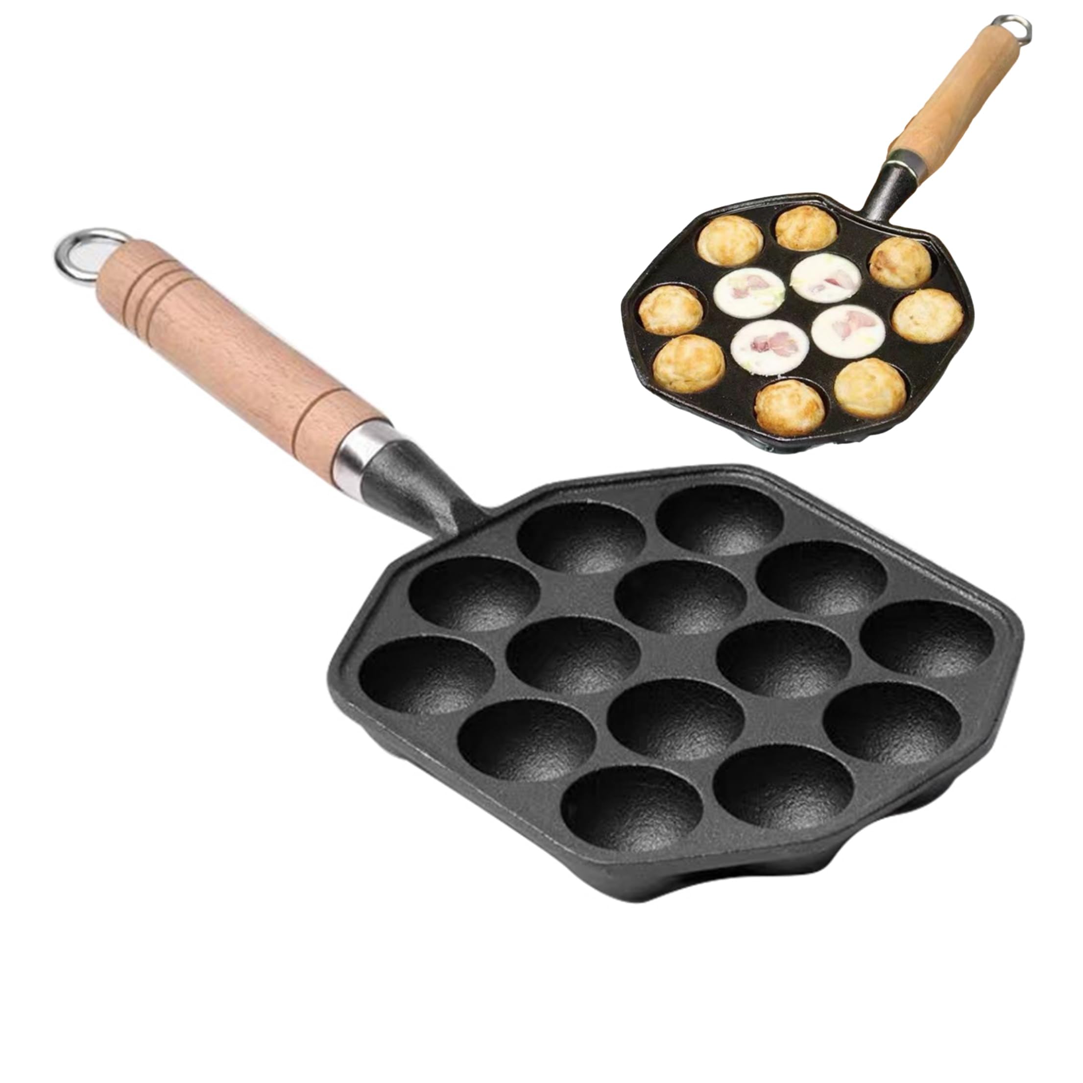 Topyond Cast Iron Aebleskiver Pan, 14 Holes Takoyaki Nonstick Cast Iron Ebelskiver Pan, Mochi Maker Grill Pancake Pan with Detachable Handle