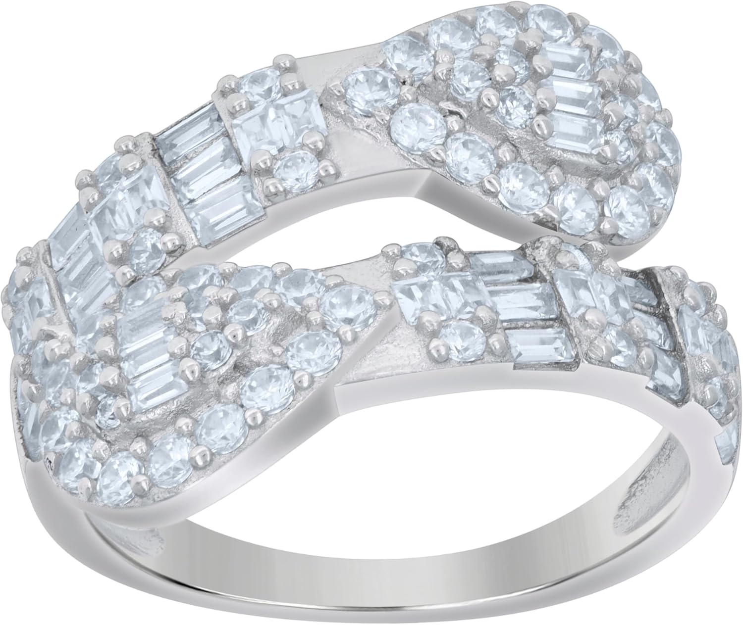 Jewels By Lux Sterling Silver Women's Baguette Round Cubic-Zirconia Bypass Fashion Bridal Anniversary Wedding Engagement Band Ring