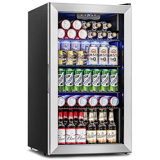 Beverage Refrigerator Cooler - 126 Can Mini Fridge Glass Door for Drinks Soda Beer Wine - Small Refrigerator for Office Bedroom Home Bar, 4 Adjustable Shelves, 3.2 Cu.Ft, Silver