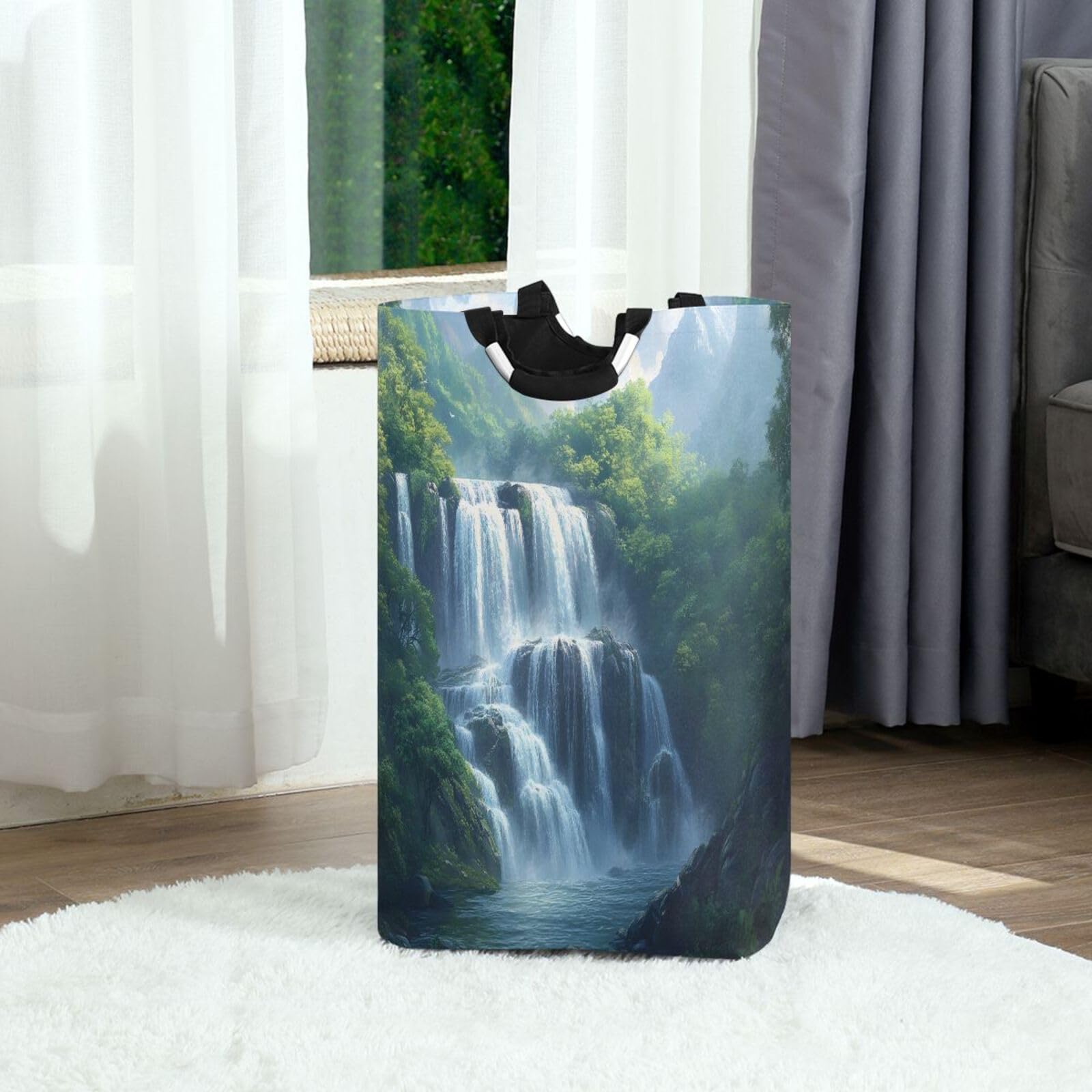 Jihqo Laundry Hamper Basket Waterfall Picturesque Scenery Collapsible Nursery Storage Bin Waterproof Clothing Baskets for Home Bedroom Bathroom Washing Room