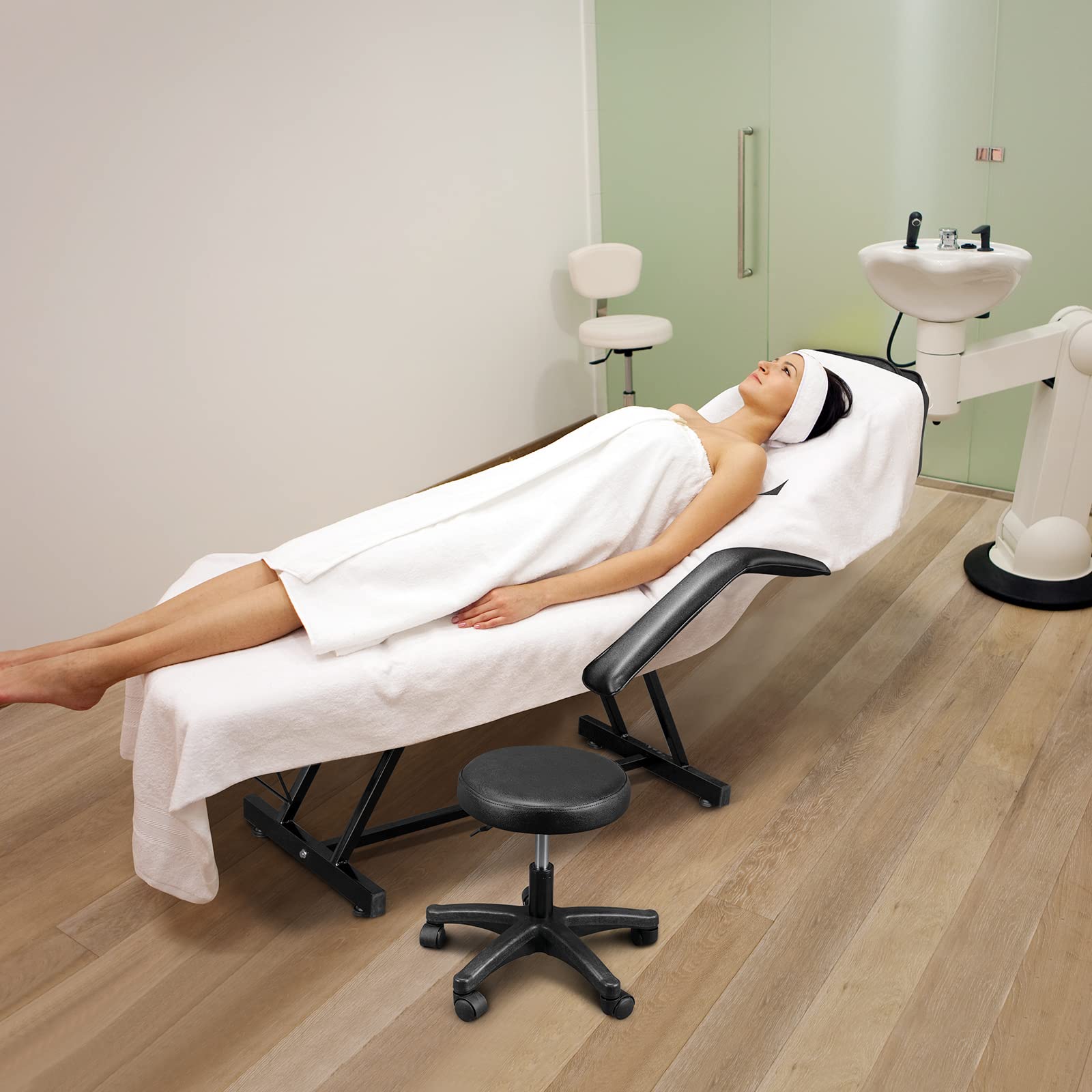 Professionelle Klappbare Massageliege Tattooliege Kosmetikstuhl mit Rollhocker Drehhocker (Schwarz)