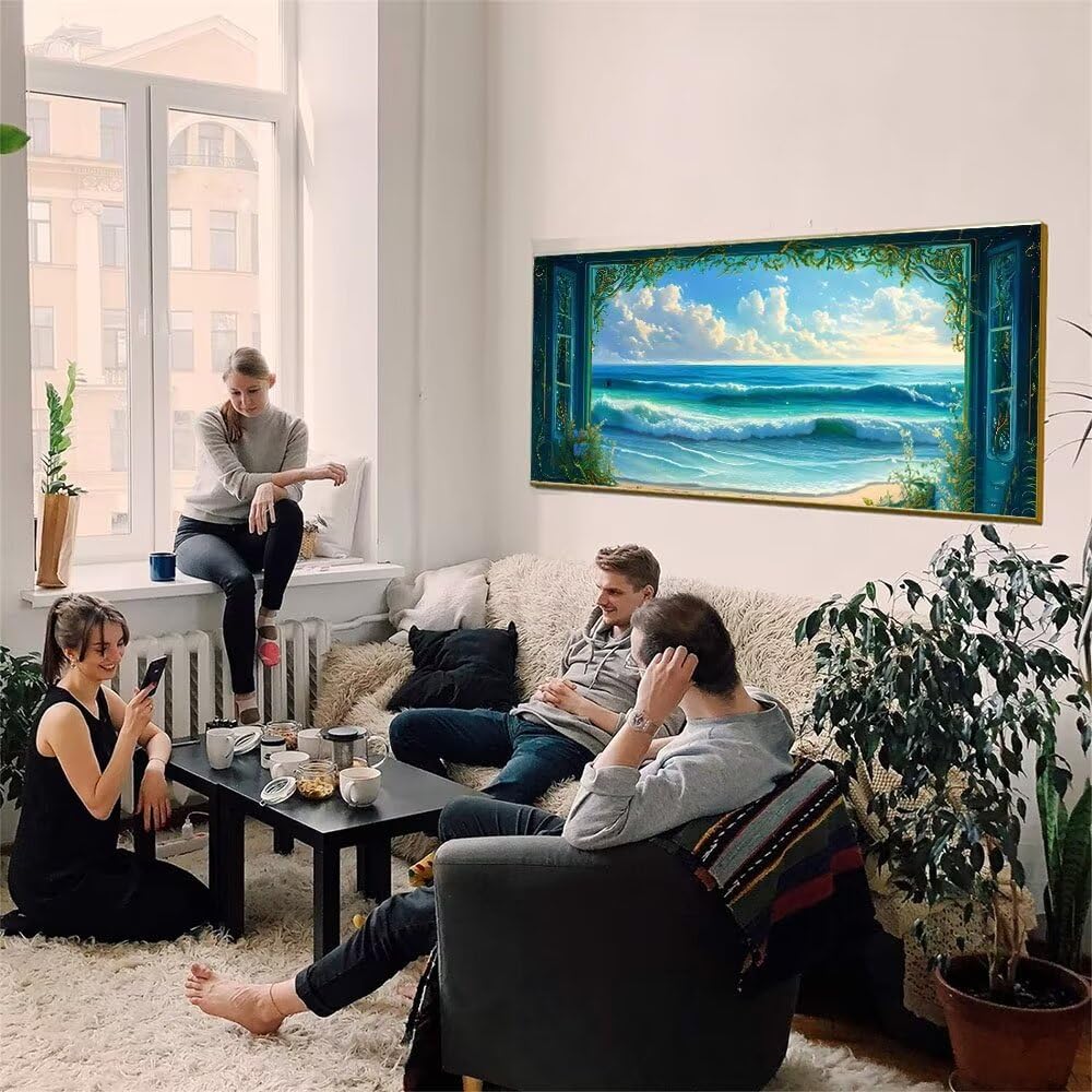 Malen Nach Zahlen Erwachsene xxl, Paint by Numbers Malen Nach Zahlen Fenster Meer, DIY Geschenk Art mit Pinseln und Acrylfarben Handgemalt Ölgemälde Leinwand für Home Décor, Ohne Rahmen 80x160cm W-634