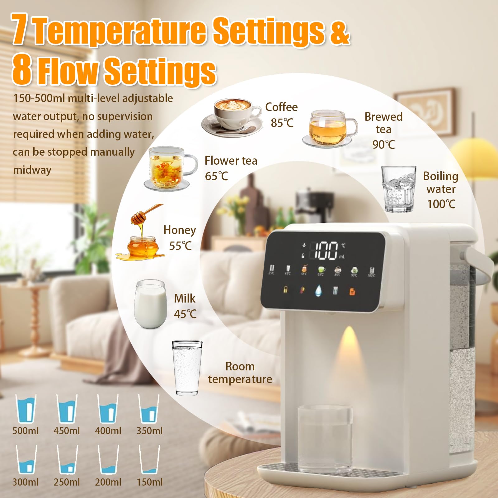 iFCOW Dispenser di Acqua Calda, 3 Secondi, scaldabagno istantaneo 7 Livelli di Temperatura 8 uscite d'Acqua con Serbatoio dell'Acqua da 3,5 l Volume Regolabile per Cucina e Ufficio Funzione