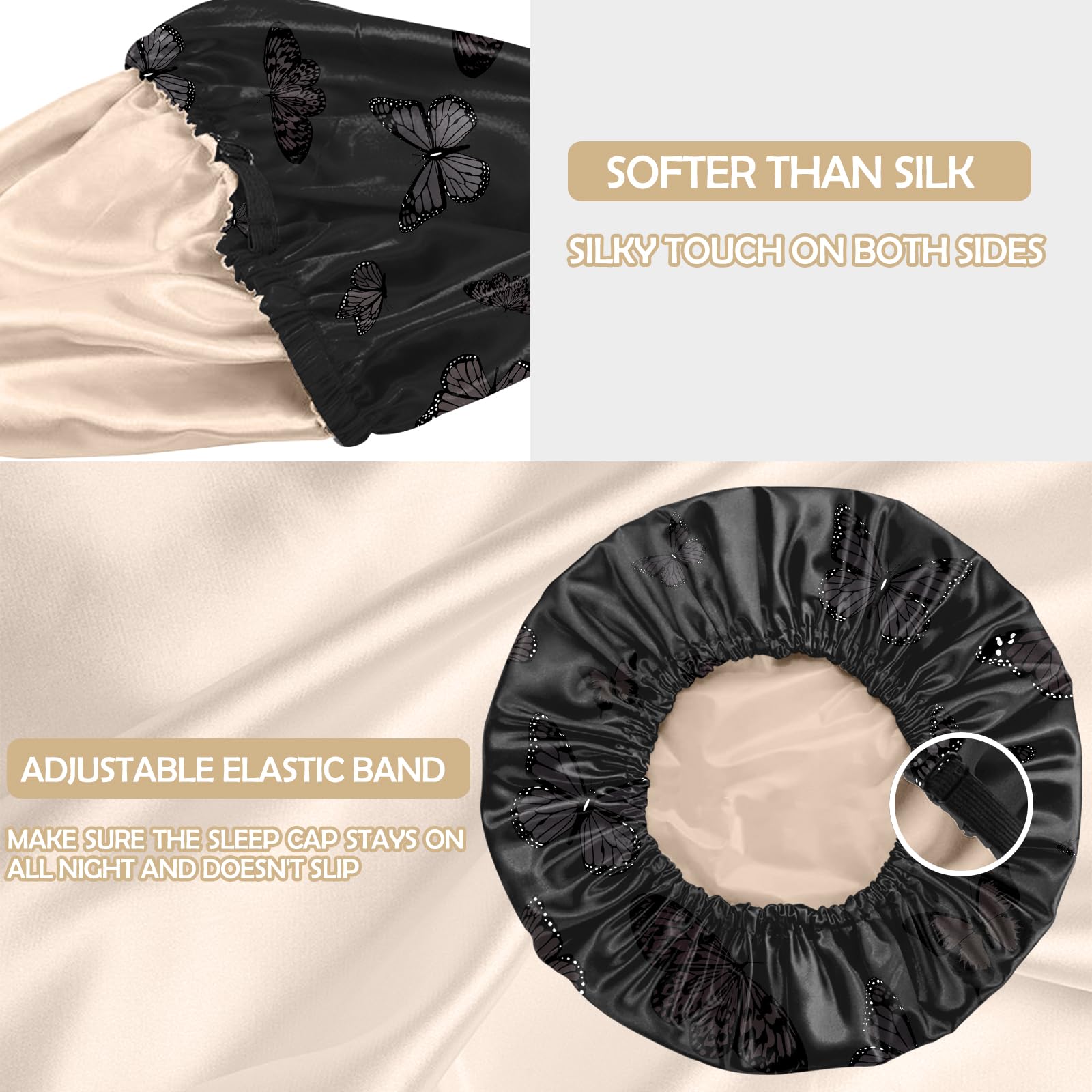 BHAHB Satin Bonnet Silk Bonnet for Sleeping Double Layer Elastic Adjustable Hair Caps Reusable Cute Aesthetic for Women Girls (O17-Black Butterfly) - Image 3