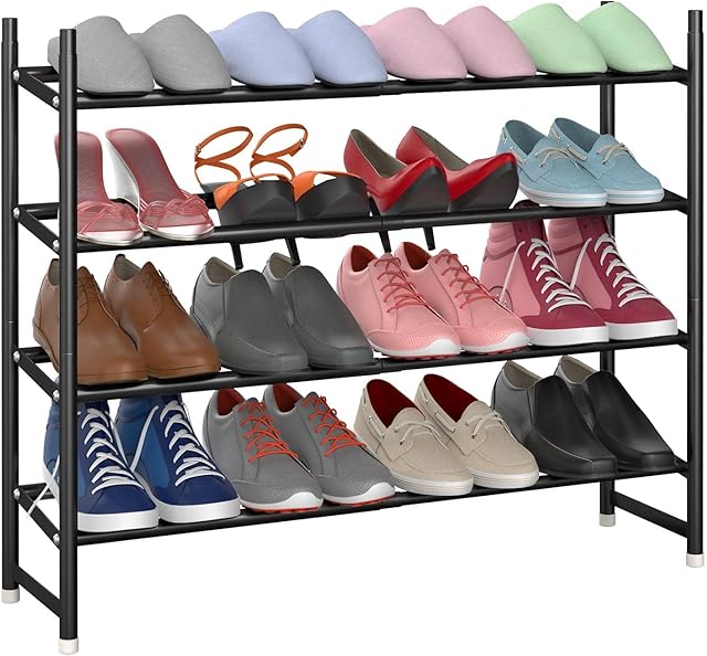 Vinsani 4 Tier Minimalist Shoe Rack Extendable Adjustable Metal Organiser Open Storage Stand Holds 16 Pairs of Shoes Heavy Duty Storage Unit Easy Assembly Black