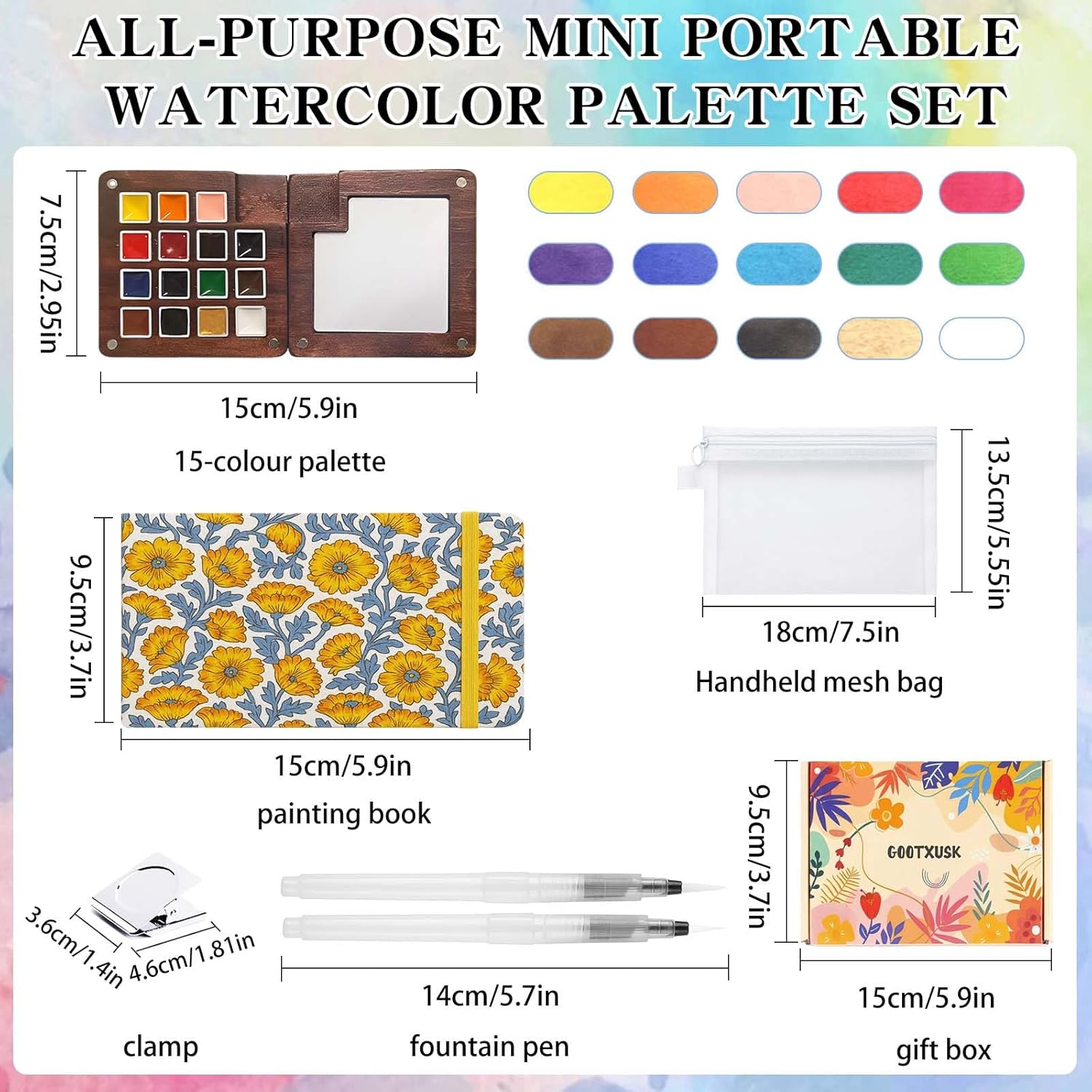 Mini Watercolor Paint Set - 15 Color Travel Watercolor Kit, Pocket Watercolor Paint Palette Set with Watercolor Book, Binder Clips, Pens, Storage Bag, Wooden Paint Box for Painters Artists Student