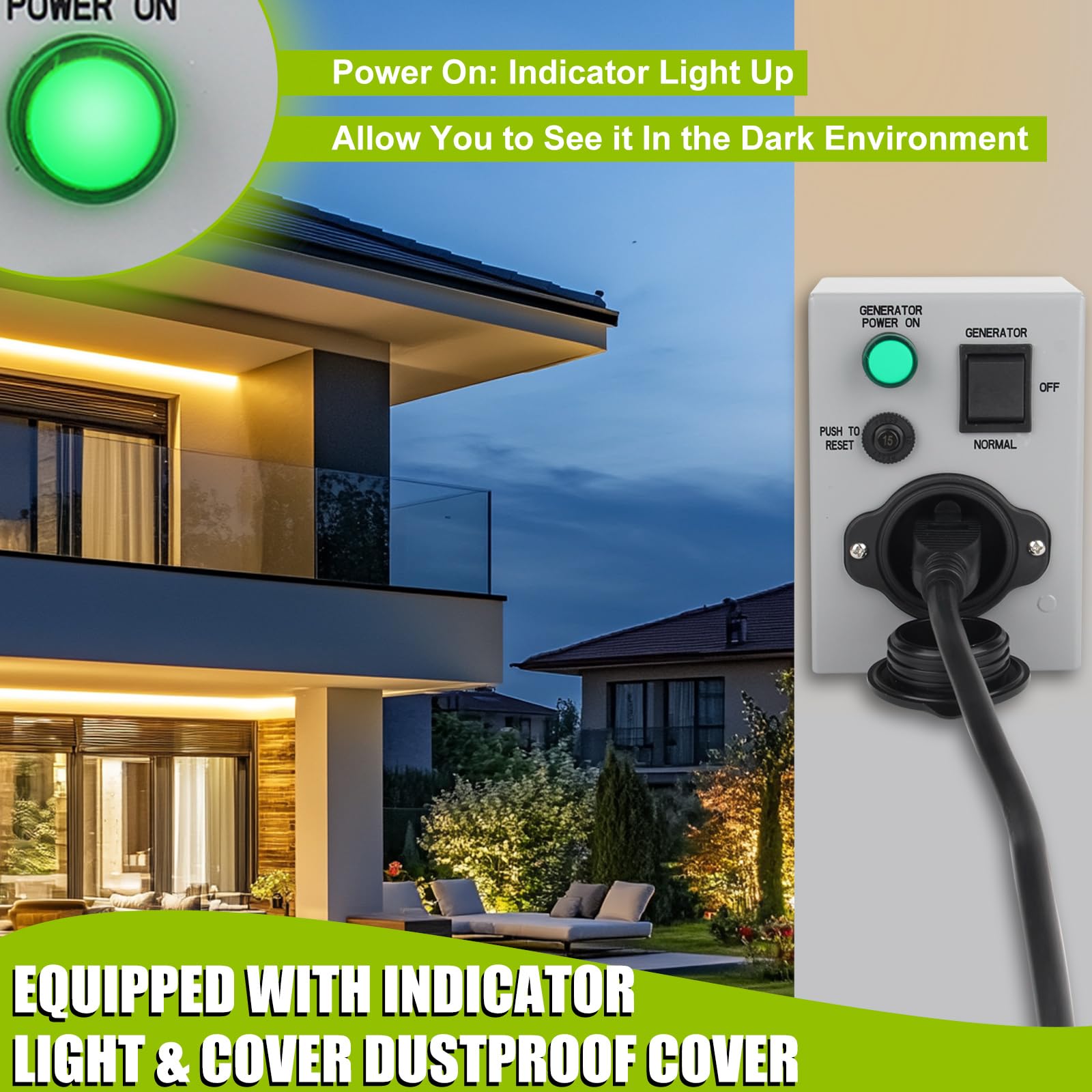 15 Amp Generator Transfer Switch with Pre-drilled Holse, LED Indicator 125V 1875W 15A NEMA 5-15P Power Generator Transfer Switch for Emergency Power Outage Outdoor/Indoor Use, ETL Listed — view 3