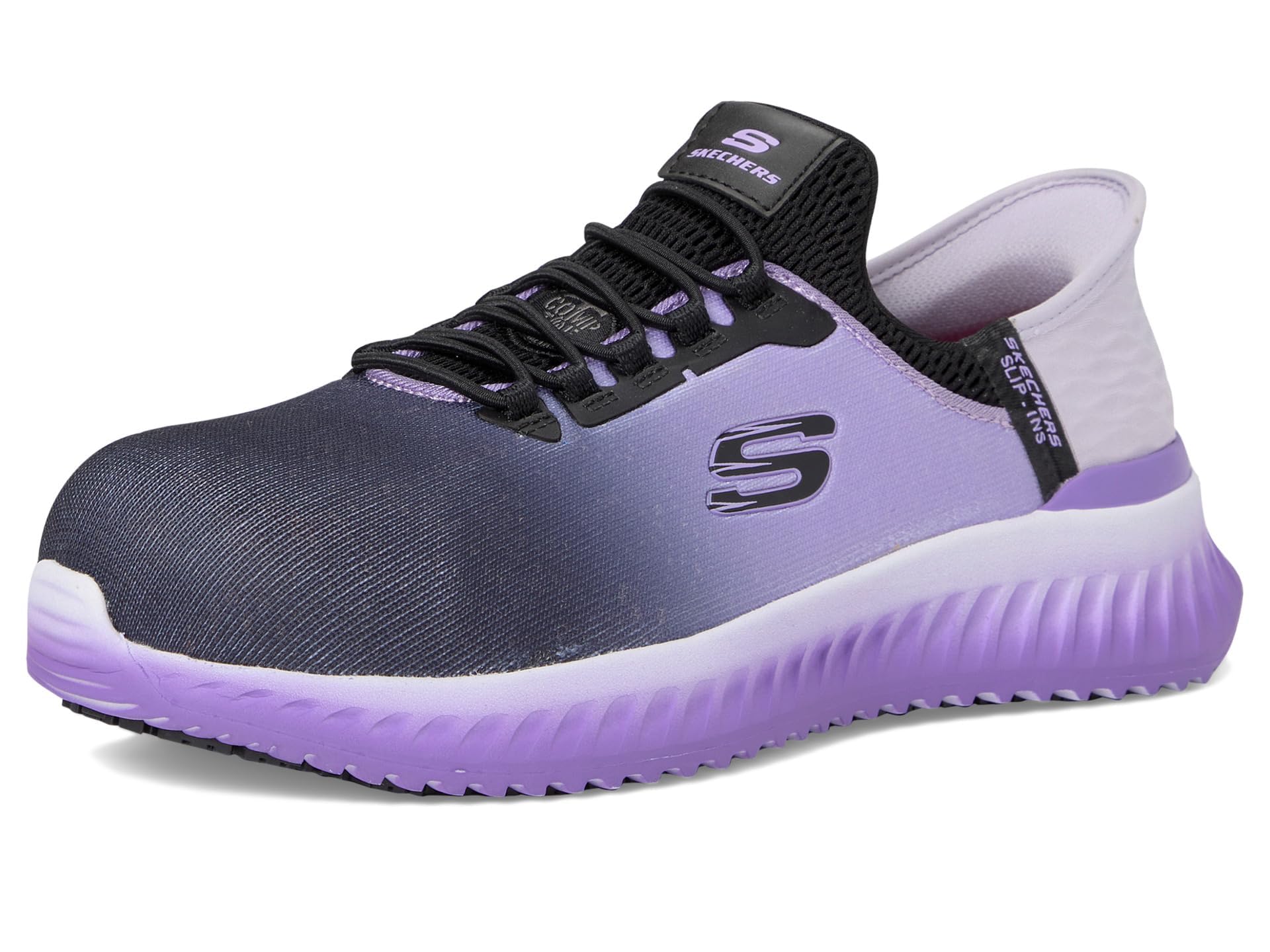 Skechers Damskie wsuwane buty robocze: Tilido - Ombray antypoślizgowe trampki bungee, Czarny/fioletowy, 40 EU