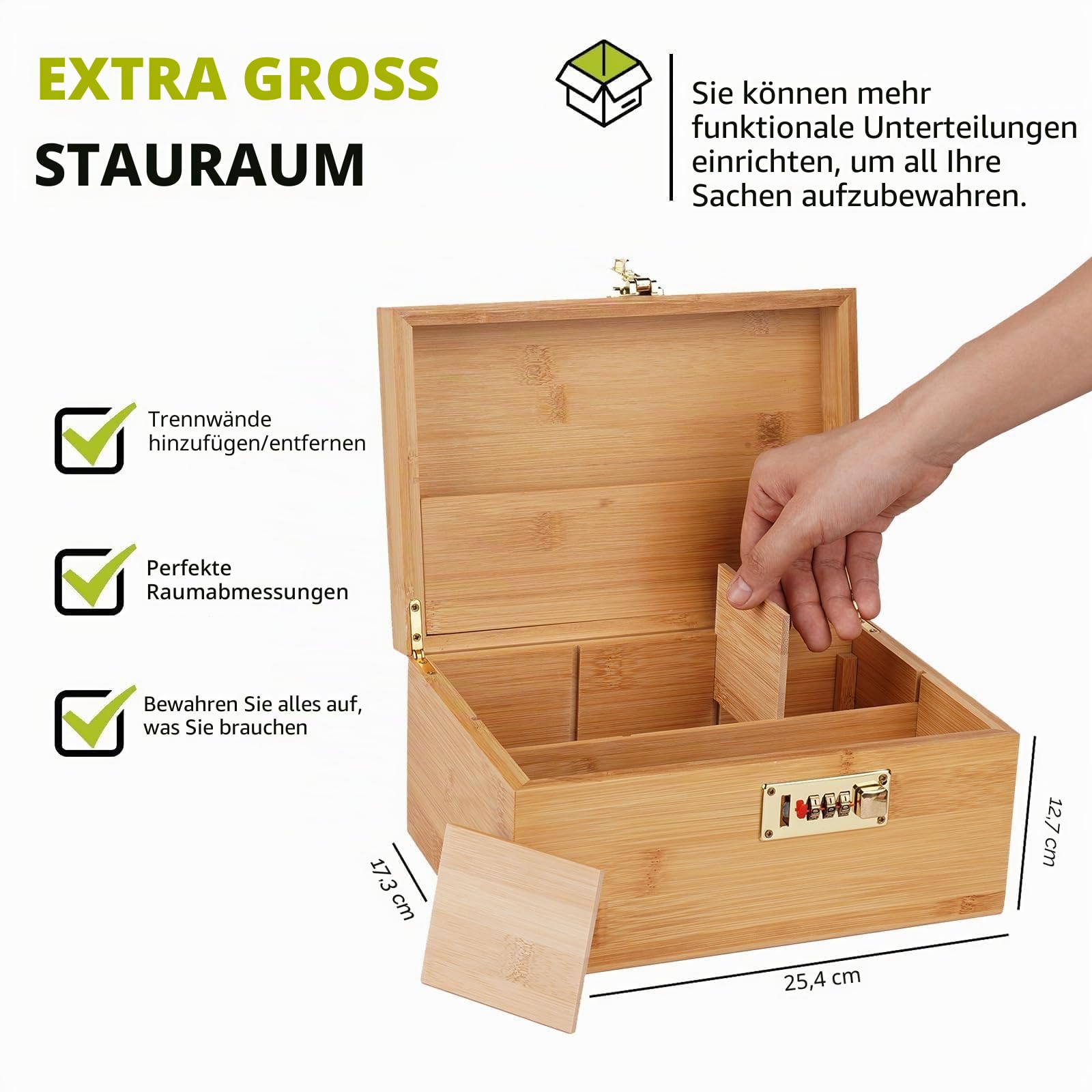 OZCHIN Große Bambusbox mit Zahlenschloss, Dekorative Aufbewahrungsbox für Zuhause, Geschenk, Aufbewahrungskiste mit Glasbehälter, Tablett, Wiederverschließbaren Beuteln und Mehr