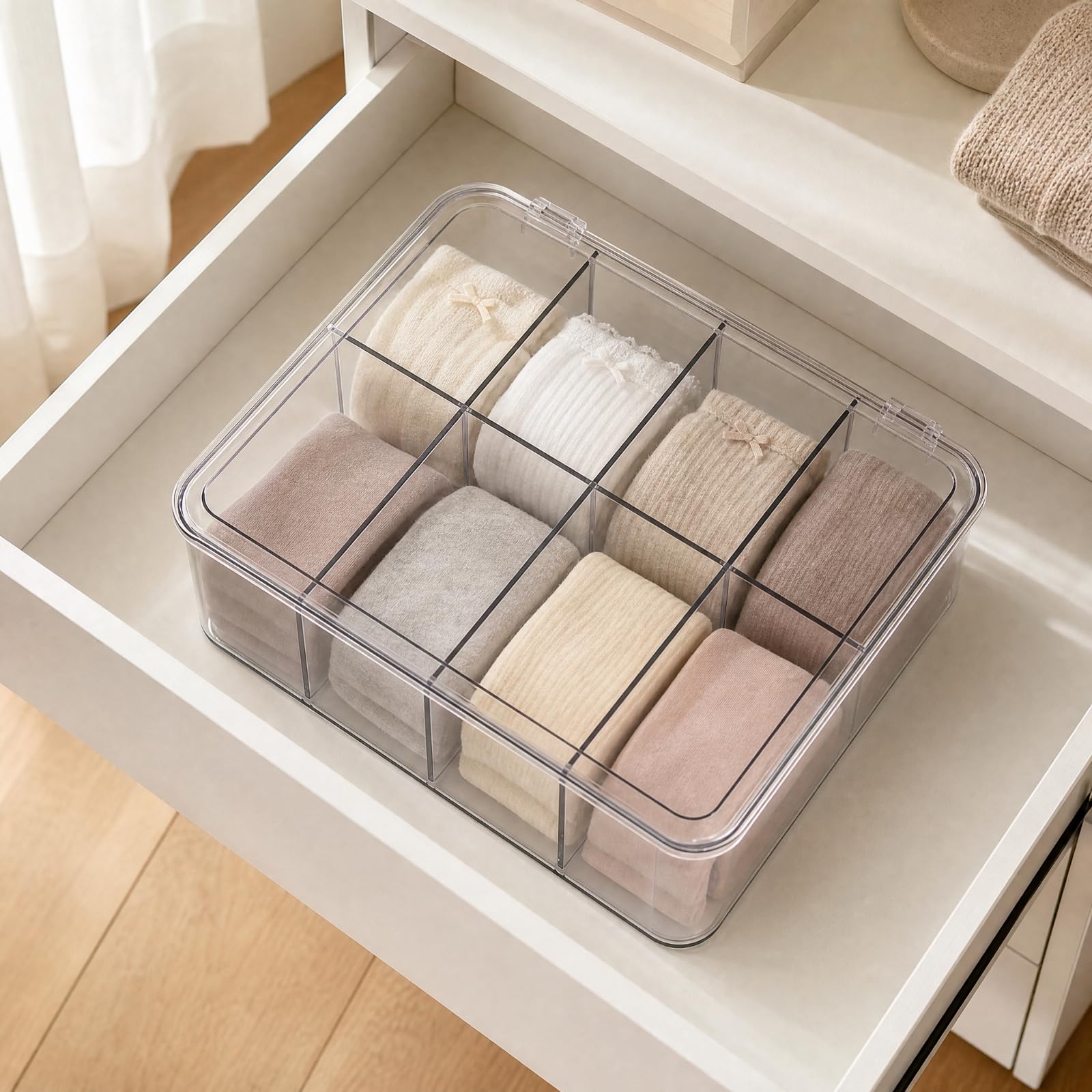 Milageto Caja PET con Tapa Ajustada Ligero Organizador con Divisores Extraíbles Compacto Caja Compartimentos Múltiples para Estanrías