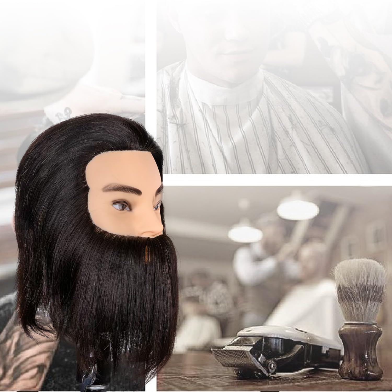 Eumos Mannequin Head, Male Mannequin Head with Human Hair 12'' Barber Mannequin Head 100% Manikin Head Doll Head with Stand Practice Cutting Styling,Barber Shop,Cosmetology School(Black Beard)