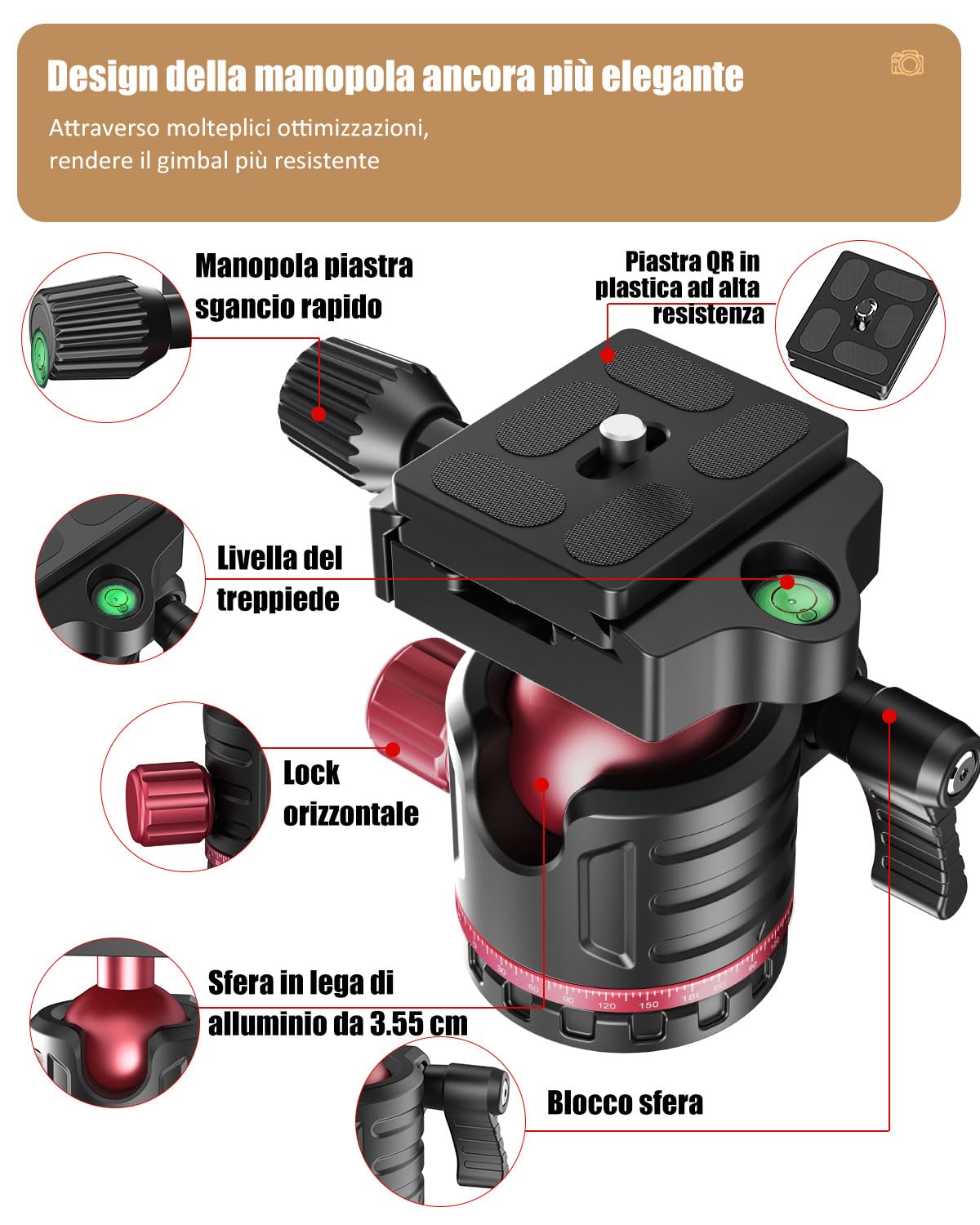 CAMBOFOTO Treppiede Per Fotocamera 188cm - Testa A Sfera Alluminio, Borsa Trasporto, Leggero - Foto 5