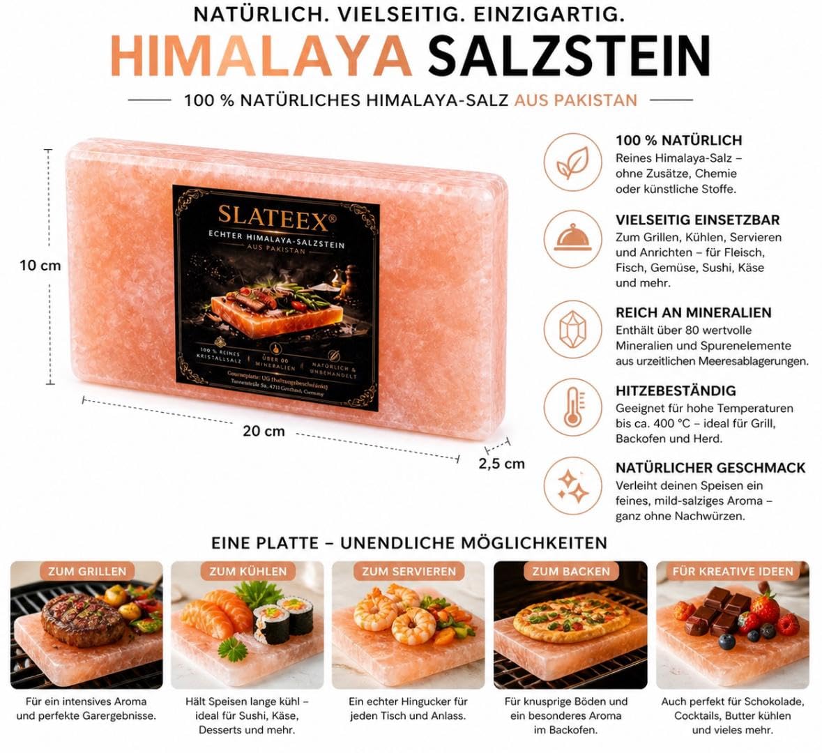 Slateex Pierre à sel de l'Himalaya - 20 x 10 x 2,5 cm - Plaques de sel pur pour griller et cuisiner - Produit naturel sans additifs - Pour steak, poisson, légumes et desserts