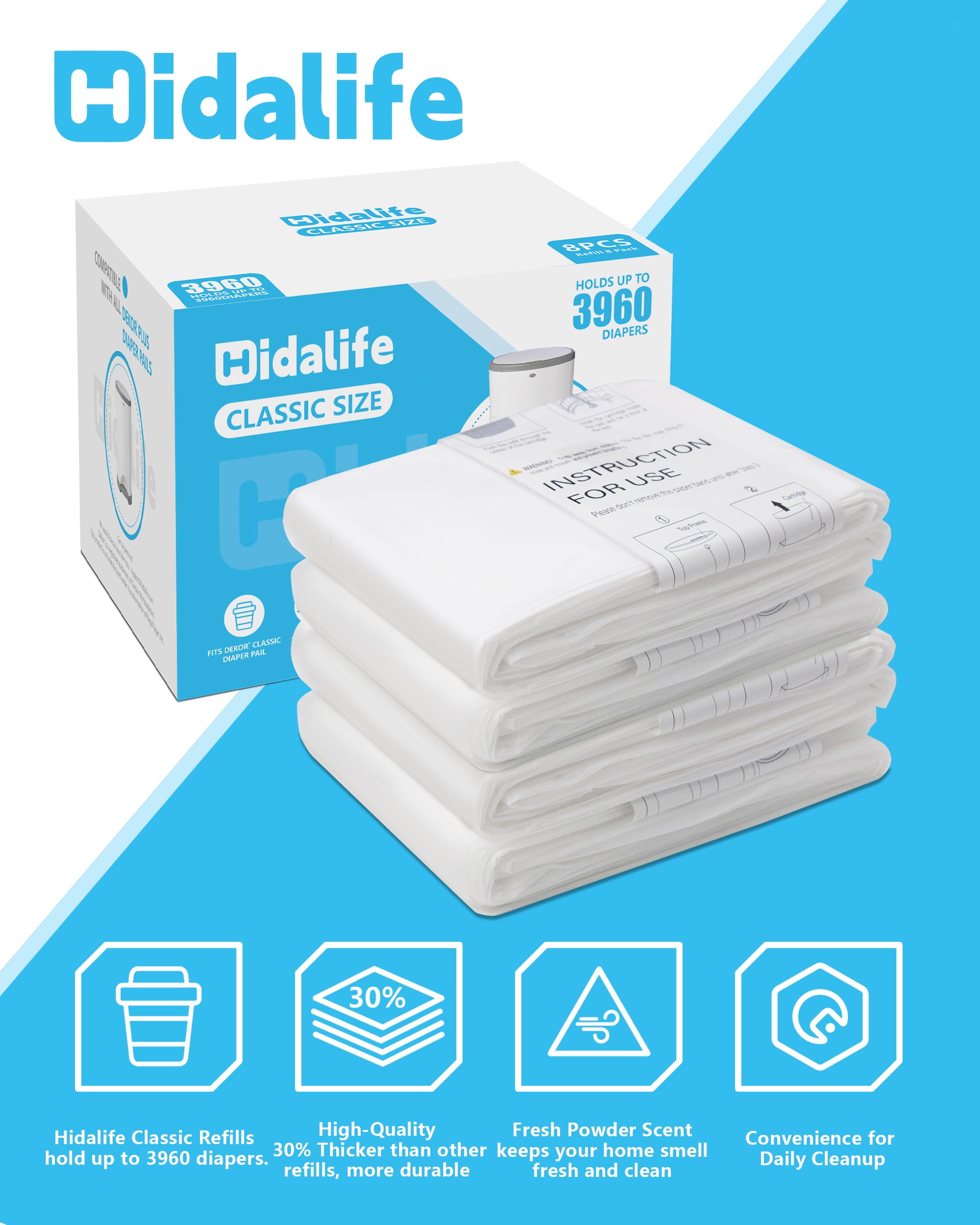 HIDALIFE Recambios compatibles con cubos de pañales Dekor Classic, bolsas de basura desechables, forros de repuesto extra gruesos, capacidad para hasta 3960 pañales (paquete de 8)